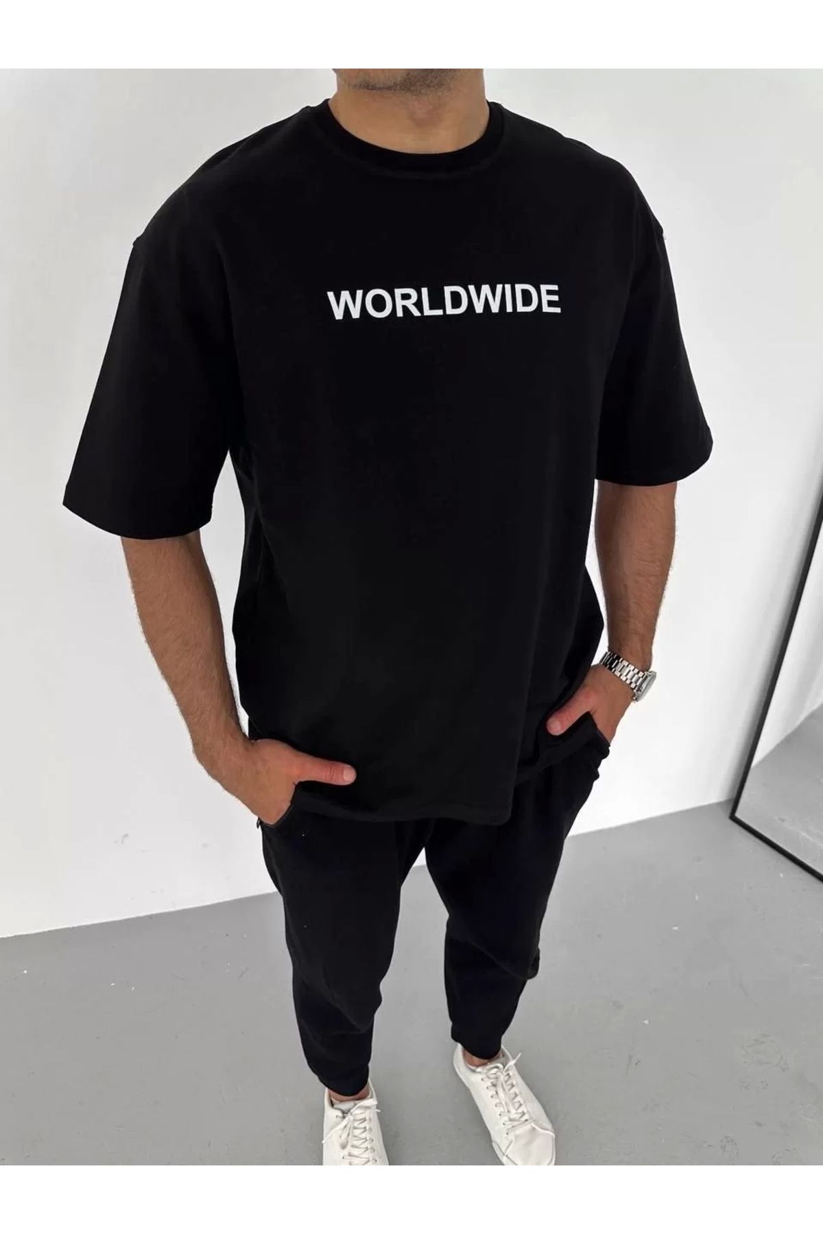 CVS Unisex Bisiklet Yaka Baskılı Oversize T-Shirt - Siyah