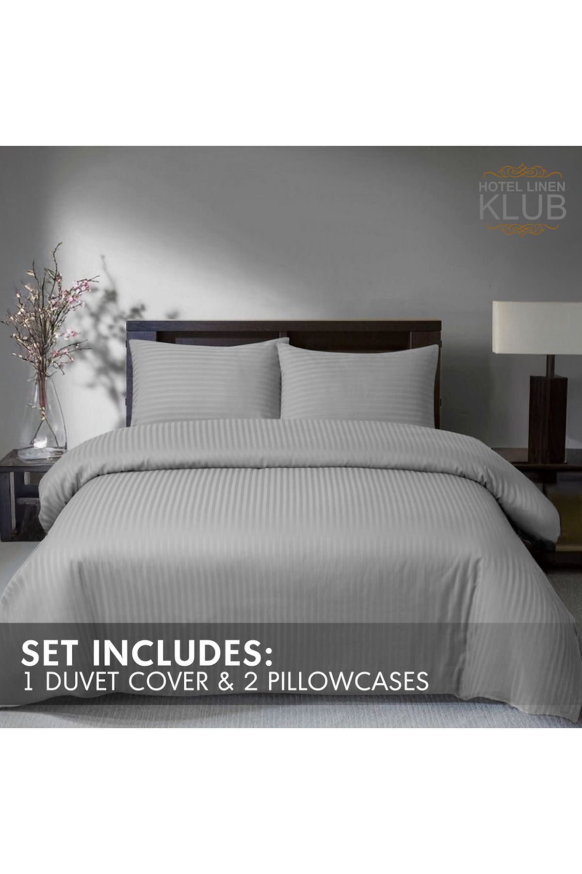 Hotel Linen Klub-3-Piece Duvet Cover Set, 100% Cotton Stripe Sateen Fabric, Silver 3