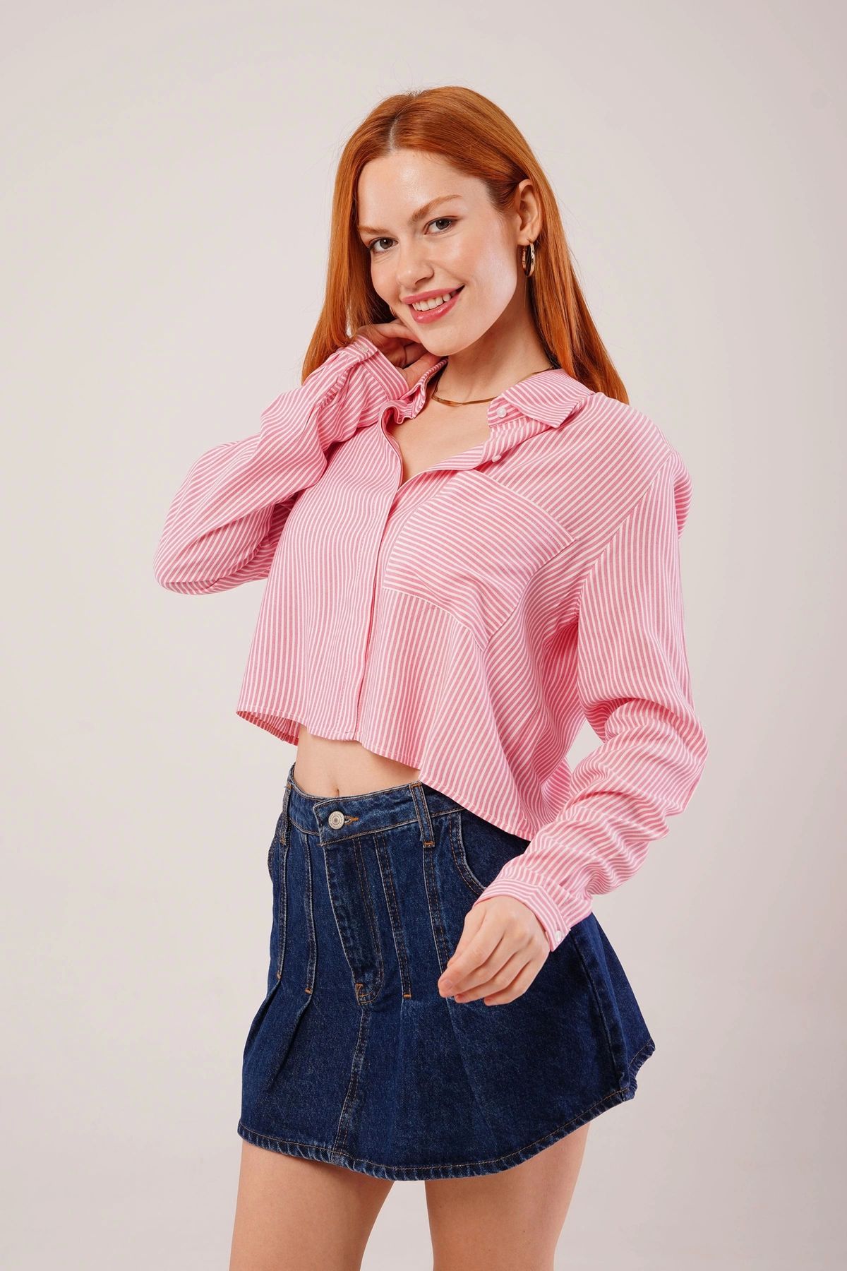 nedo7 Tek Cep Çizgili Pembe Kısa Gömlek