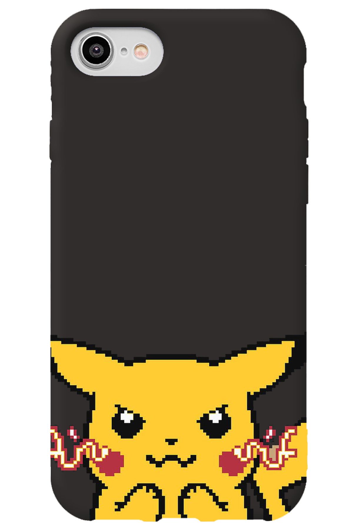 WANNA PROTECT iPhone SE 2020 Siyah İçi Kadife Pika Pixel Desenli Silikon Telefon Kılıfı