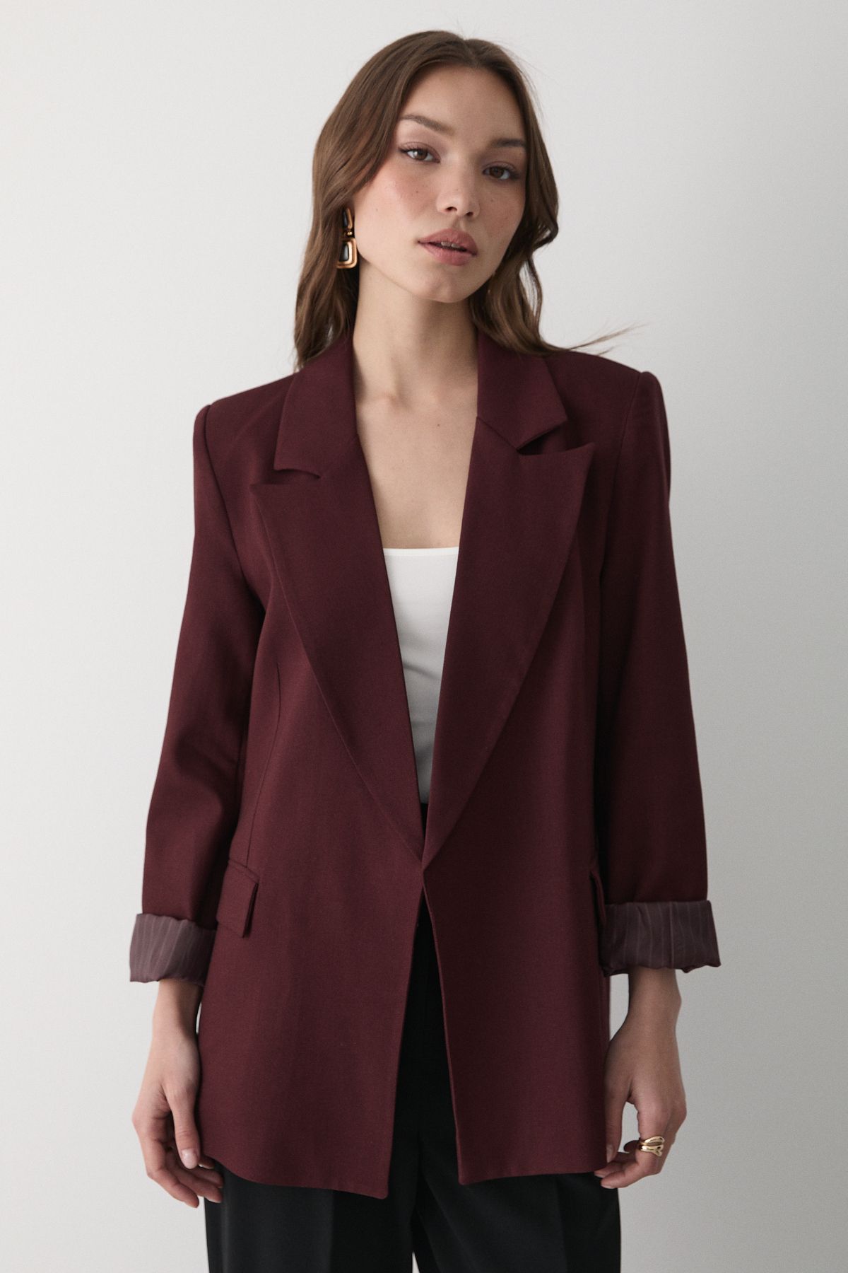 JASTE Kadın Bordo Çizgili Içi Astarlı Kol Detaylı Blazer Ceket