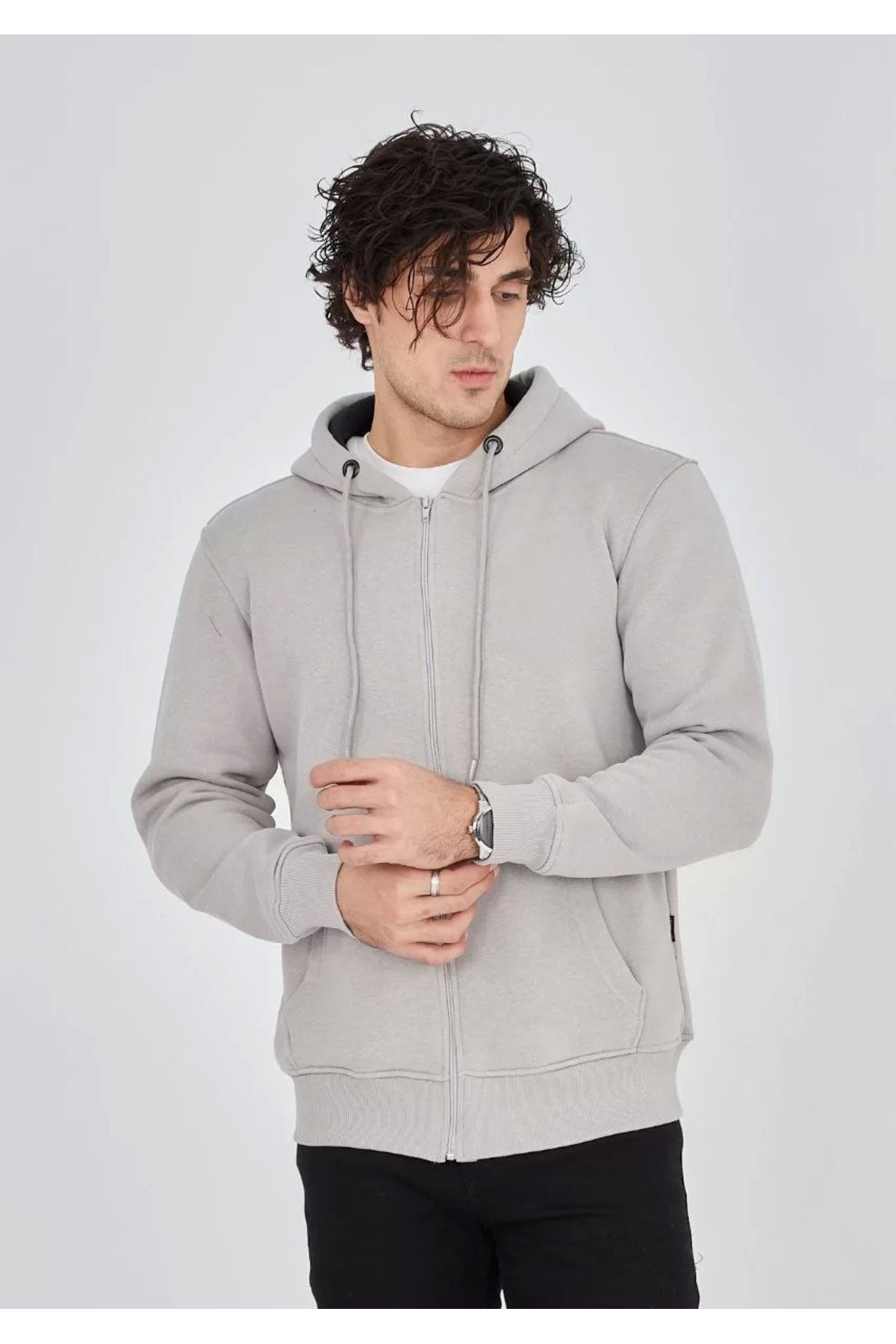 CVS Unisex Tam Fermuarlı Kapşonlu SweatShirt - Boyalı Gri