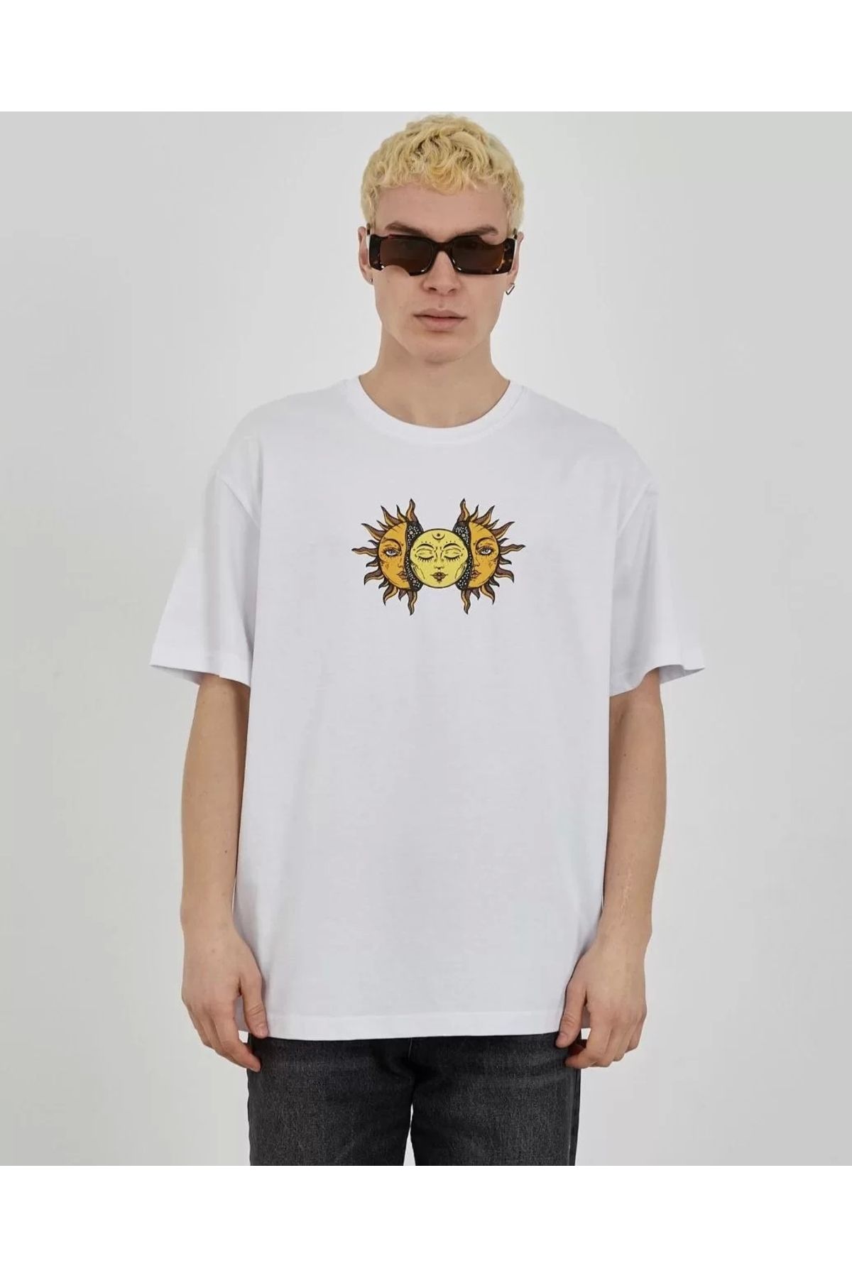 CVS Unisex Bisiklet Yaka Baskılı Oversize T-Shirt - Beyaz