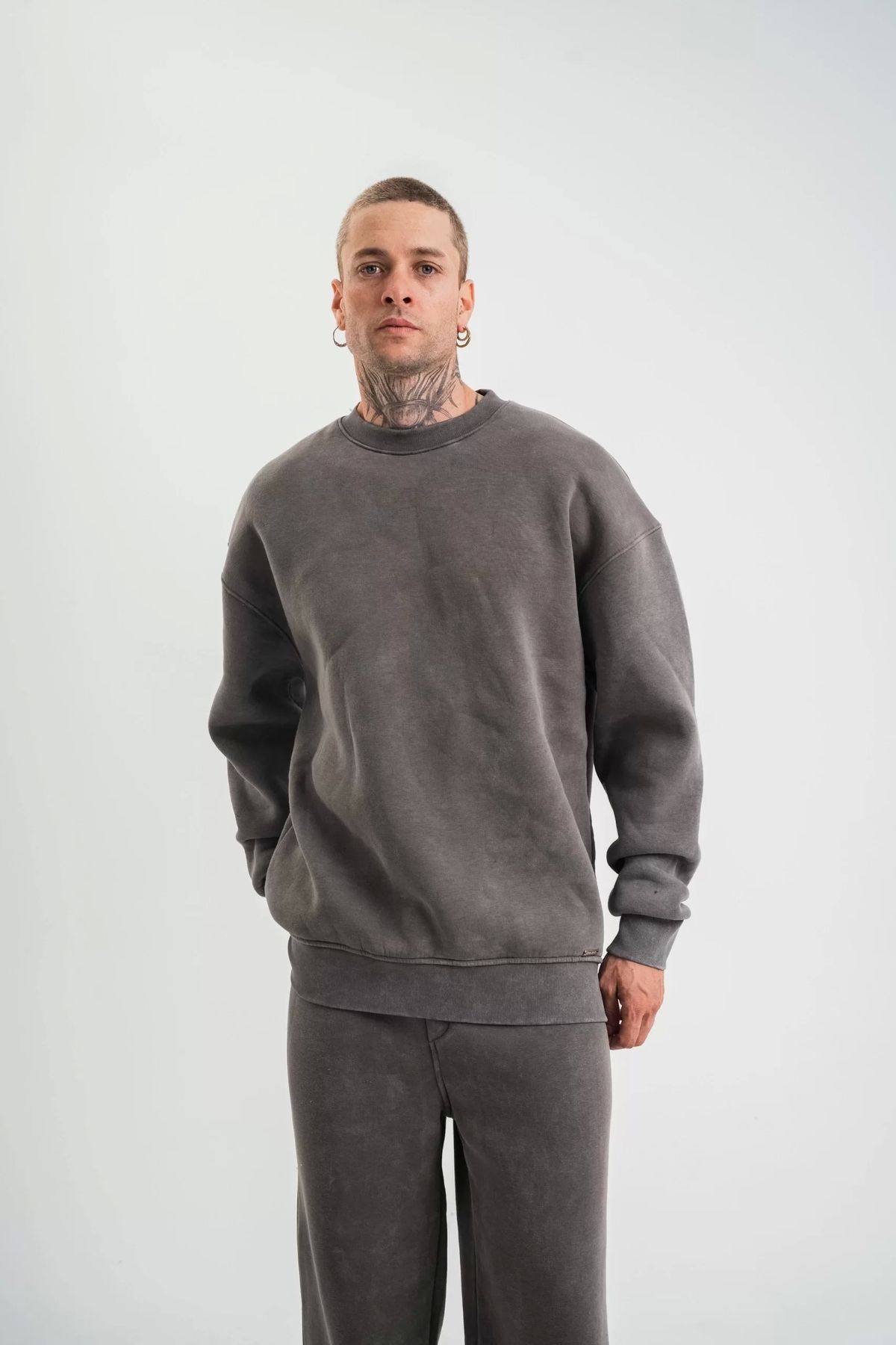 CVS Unisex Uzun Kol Bisiklet Yaka Yıkamalı SweatShirt - Füme