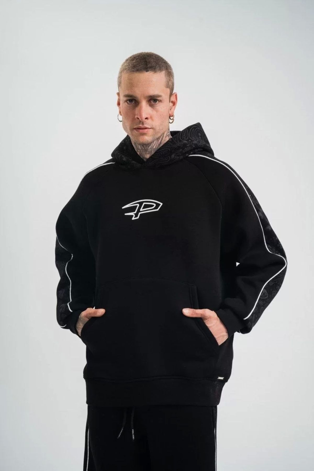 CVS Uzun Kol Kapşonlu Ara Biyeli SweatShirt - Siyah