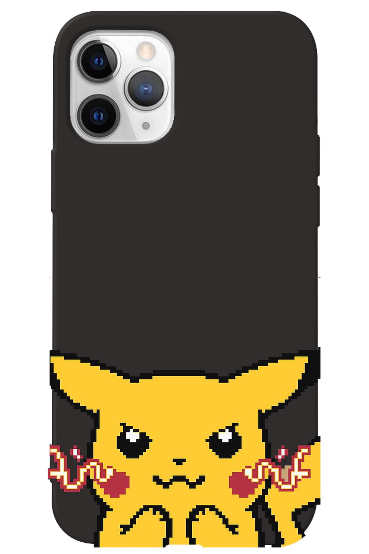 WANNA PROTECT iPhone 14 Pro Siyah İçi Kadife Pika Pixel Desenli Silikon Telefon Kılıfı