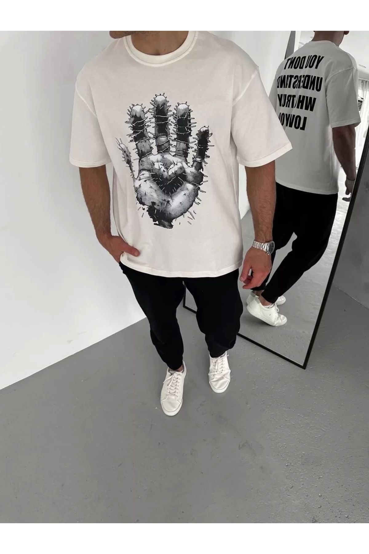CVS Unisex Bisiklet Yaka Baskılı Oversize T-Shirt - Beyaz