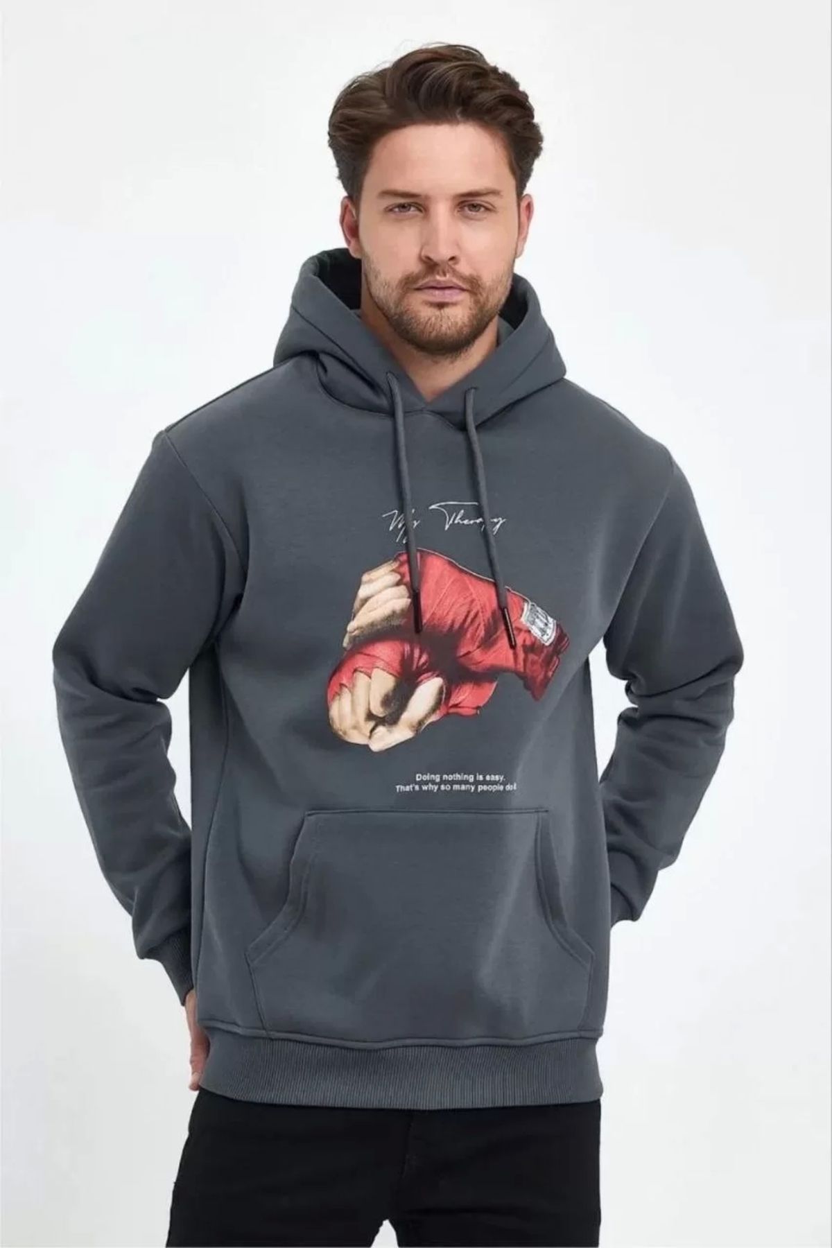 CVS Unisex Kapüşonlu Üç İplik Oversize Baskılı Sweatshirt - Gri