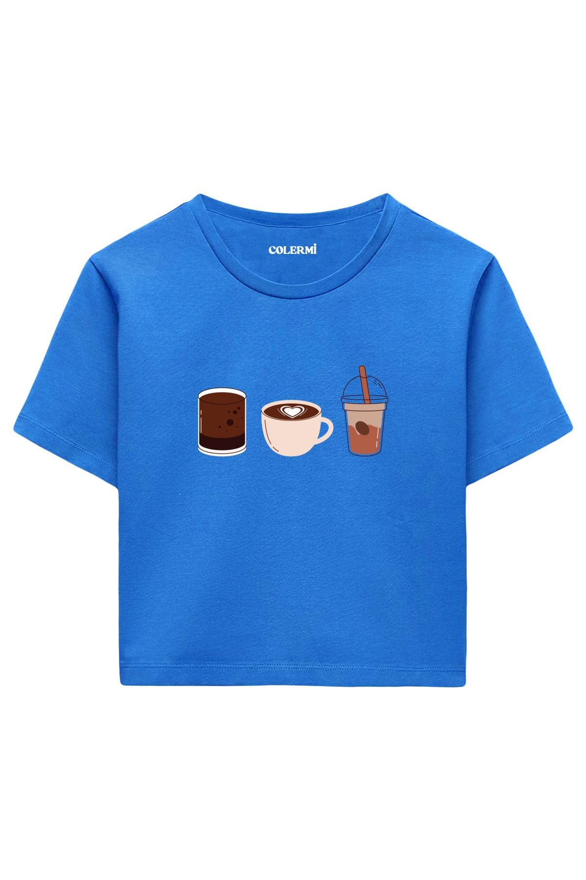 Colermi Kahve İllüstrasyon Baskılı %100 Pamuk Kadın Crop Tshirt