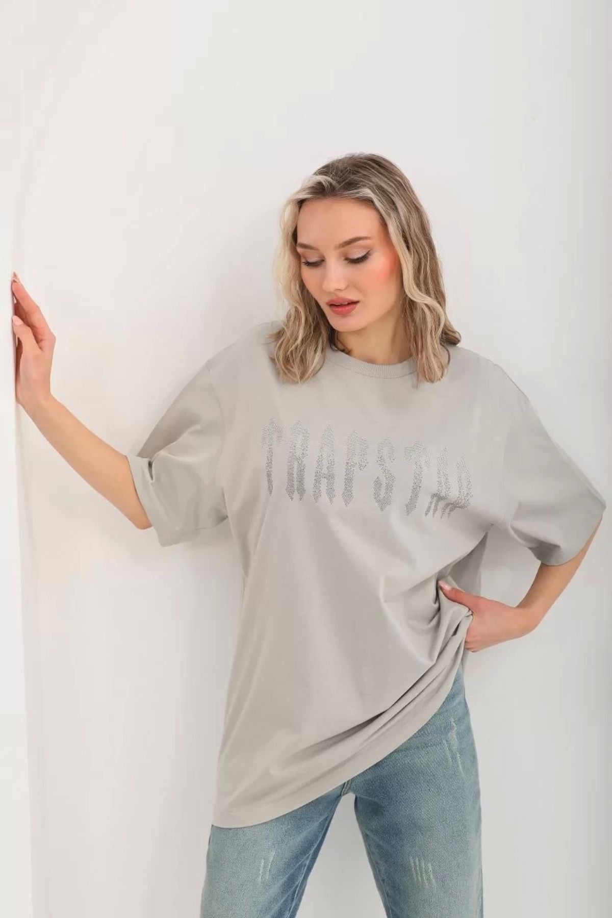 CVS Unisex Taş Desenli Oversize T-Shirt - Gri