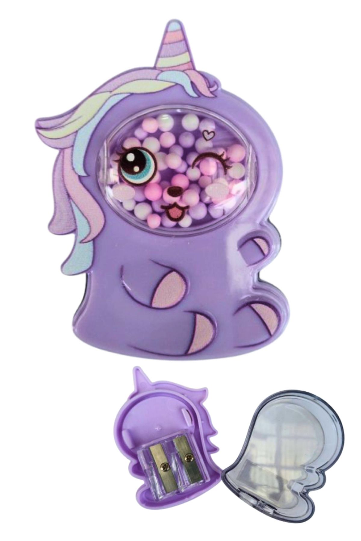 Glanart köpüklü unicorn figürlü çift bıçaklı kalemtraş hazneli 1 adet mor