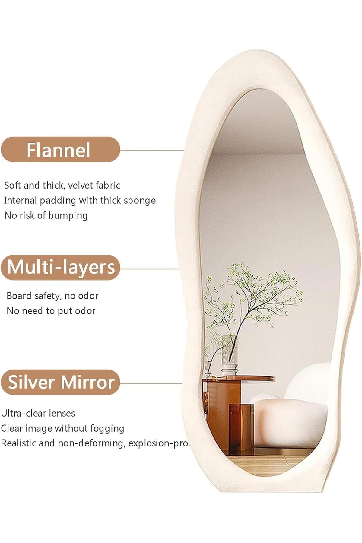 مرآة أرضية بطول كامل، مرآة حائط مع حامل وإطار من قماش مخملي ناعم، بيج 160×60 سم