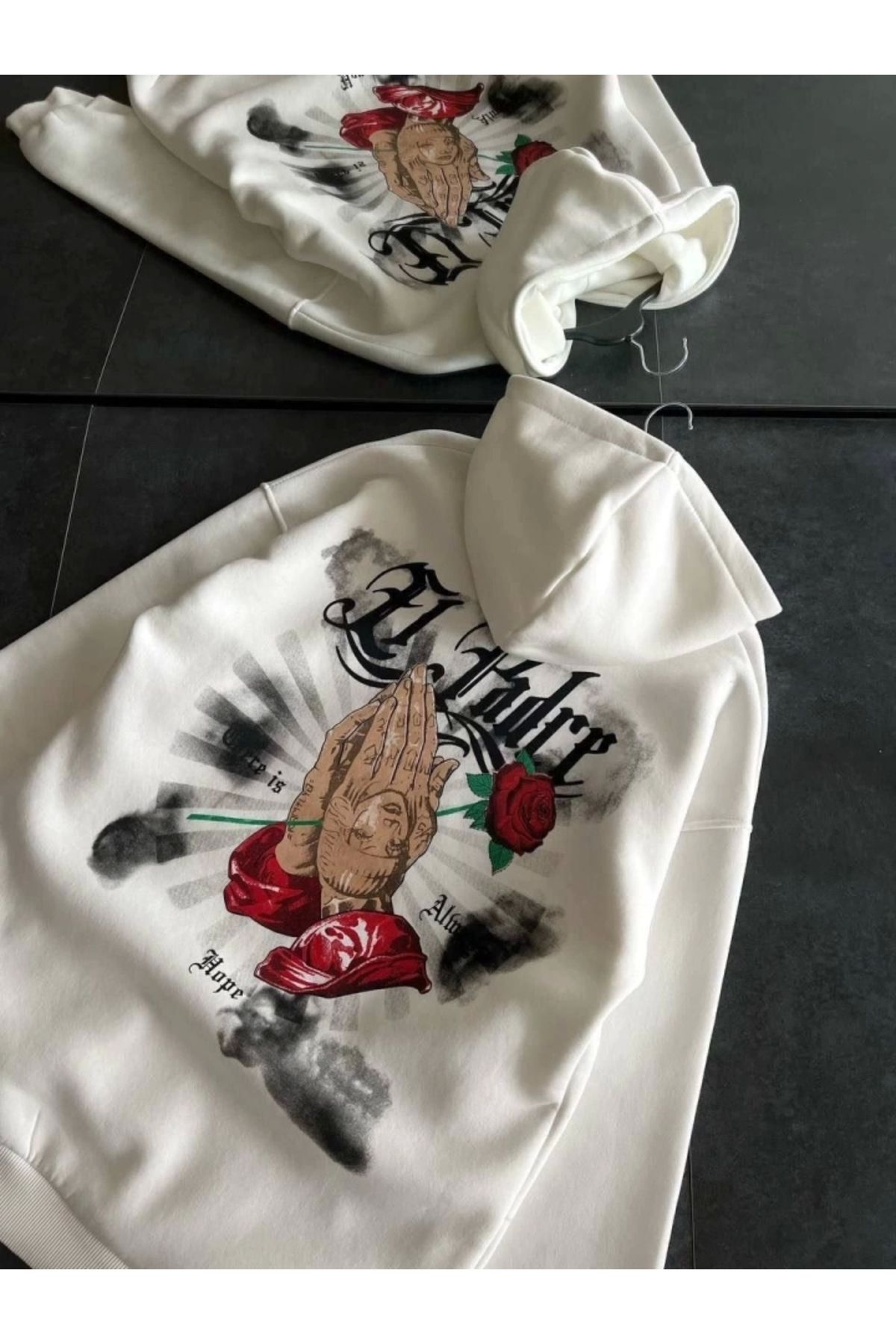 nedo7 Üç İplik Penye Uzun Kol Kapşonlu Baskılı SweatShirt - Beyaz
