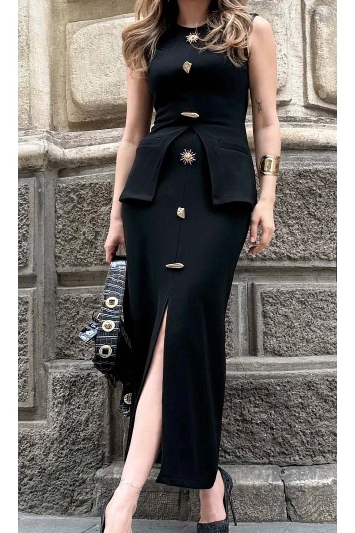 PEUR COLLECTION Triko Gold Düğmeli Sıfır Kol Bluz-BEYAZ - L