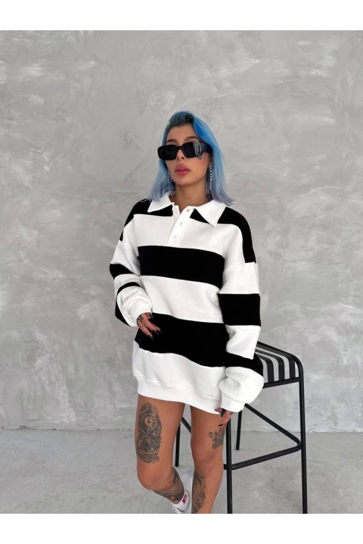 nedo7 Unisex Üç İplik Parçalı Yakalı SweatShirt - Siyah