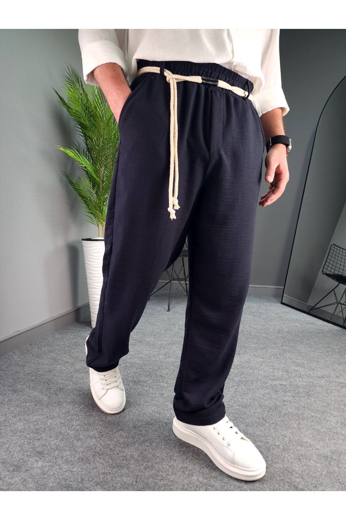 Castivo Fashion Bağcıklı Lastik Bel Rahat Kesim Erkek Yazlık Keten Görünümlü Pantolon