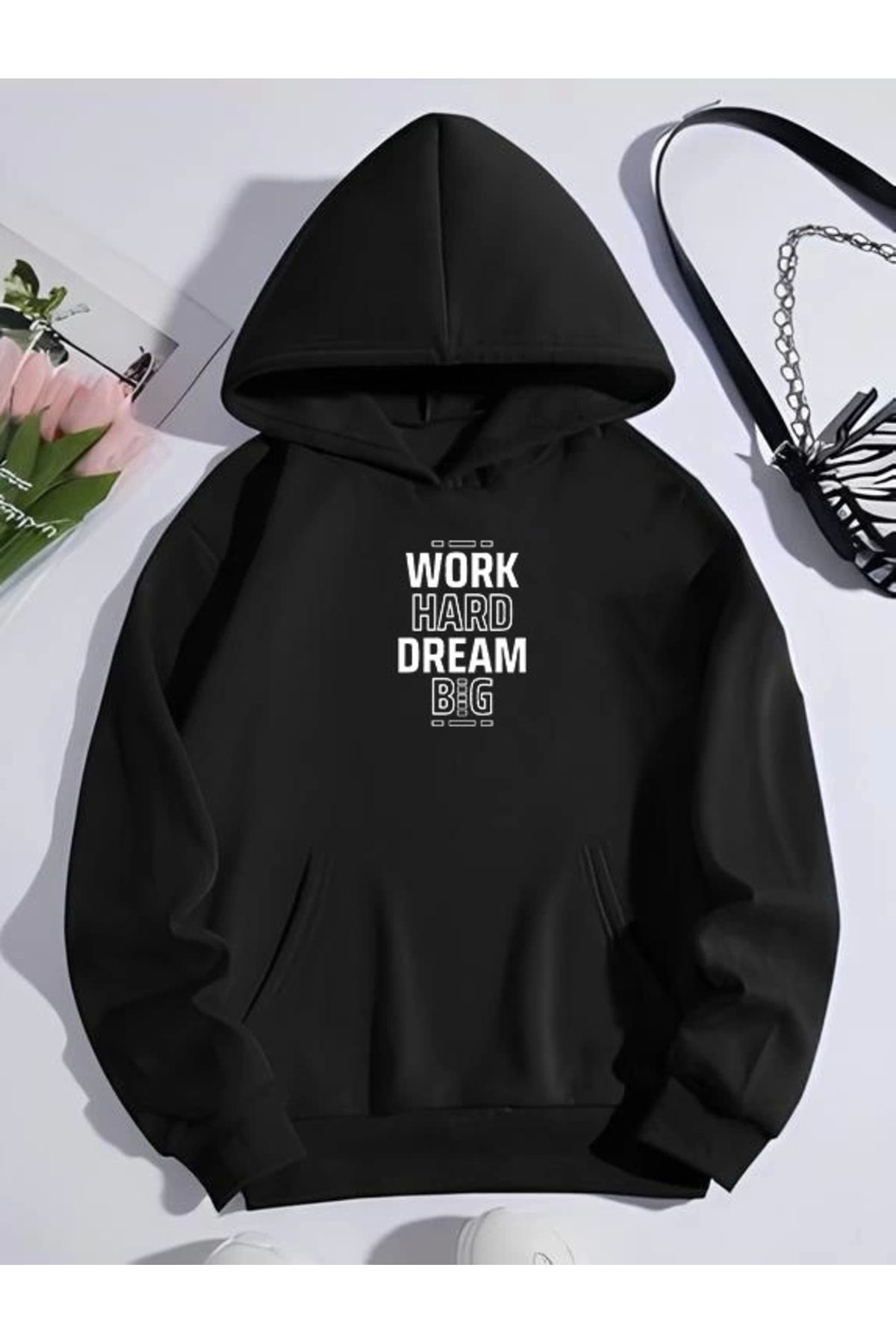 nedo7 Kışlık Üç İplik Kapşonlu SweatShirt - Siyah
