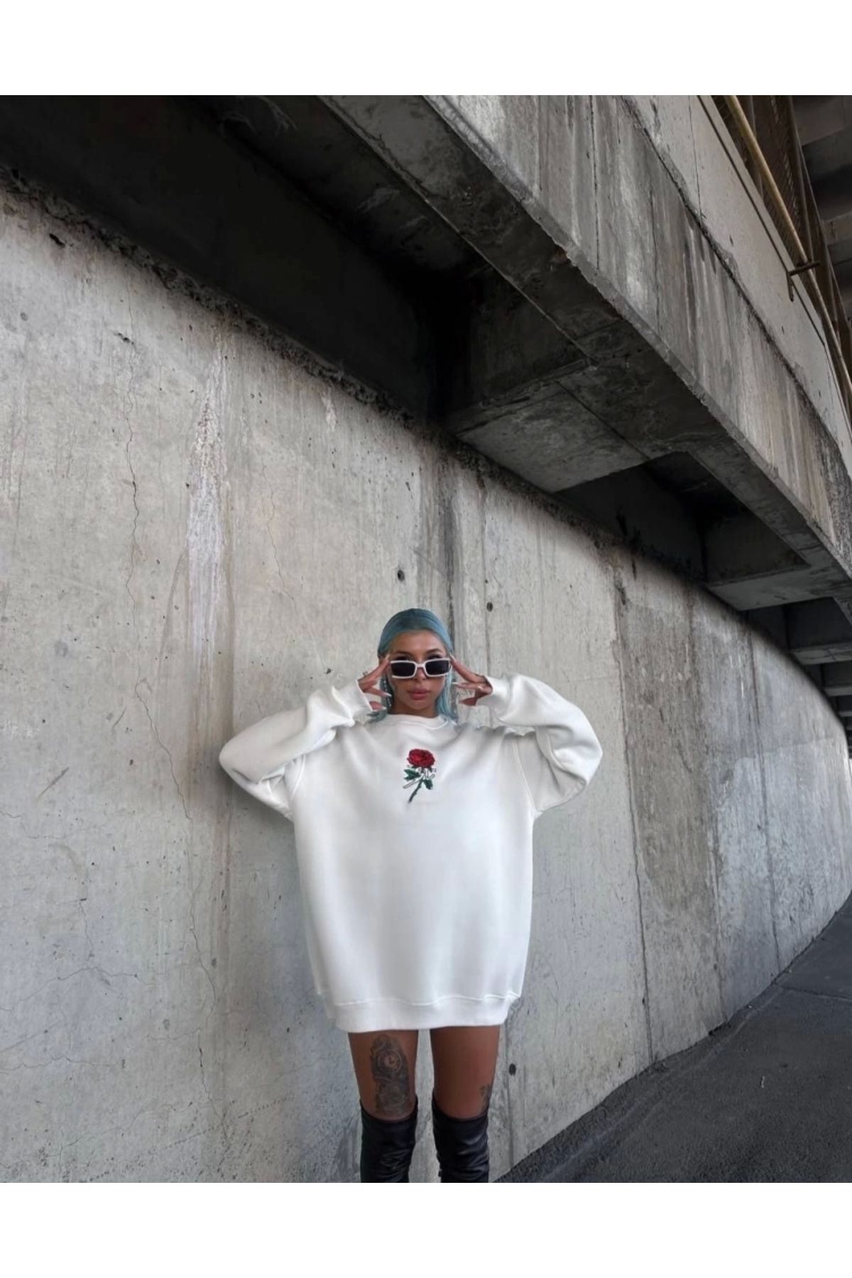 nedo7 Oversize Üç İplik Bisiklet Yaka Baskılı SweatShirt - Beyaz