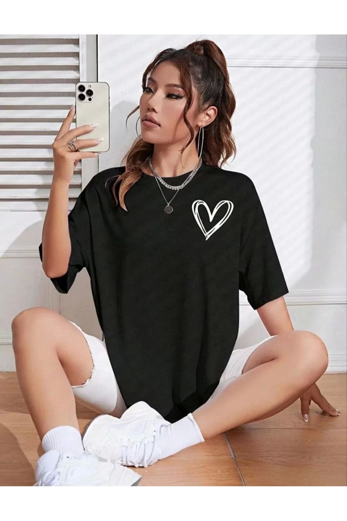 CVS Kadın Bisiklet Yaka Baskılı Oversize T-Shirt - Siyah