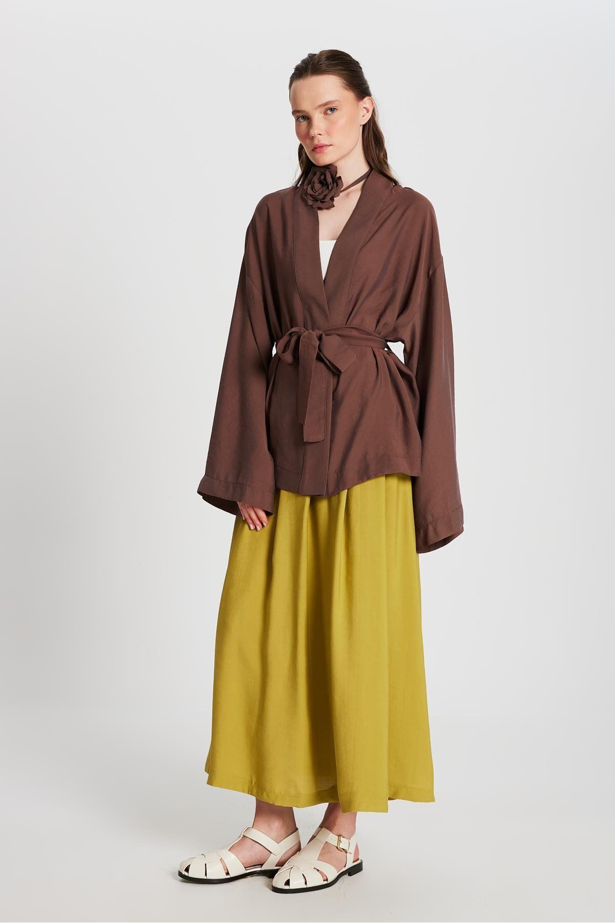 minaaise Kadın Kahve Oversize %100 Modal Bağlamalı Kimono Ceket 29146