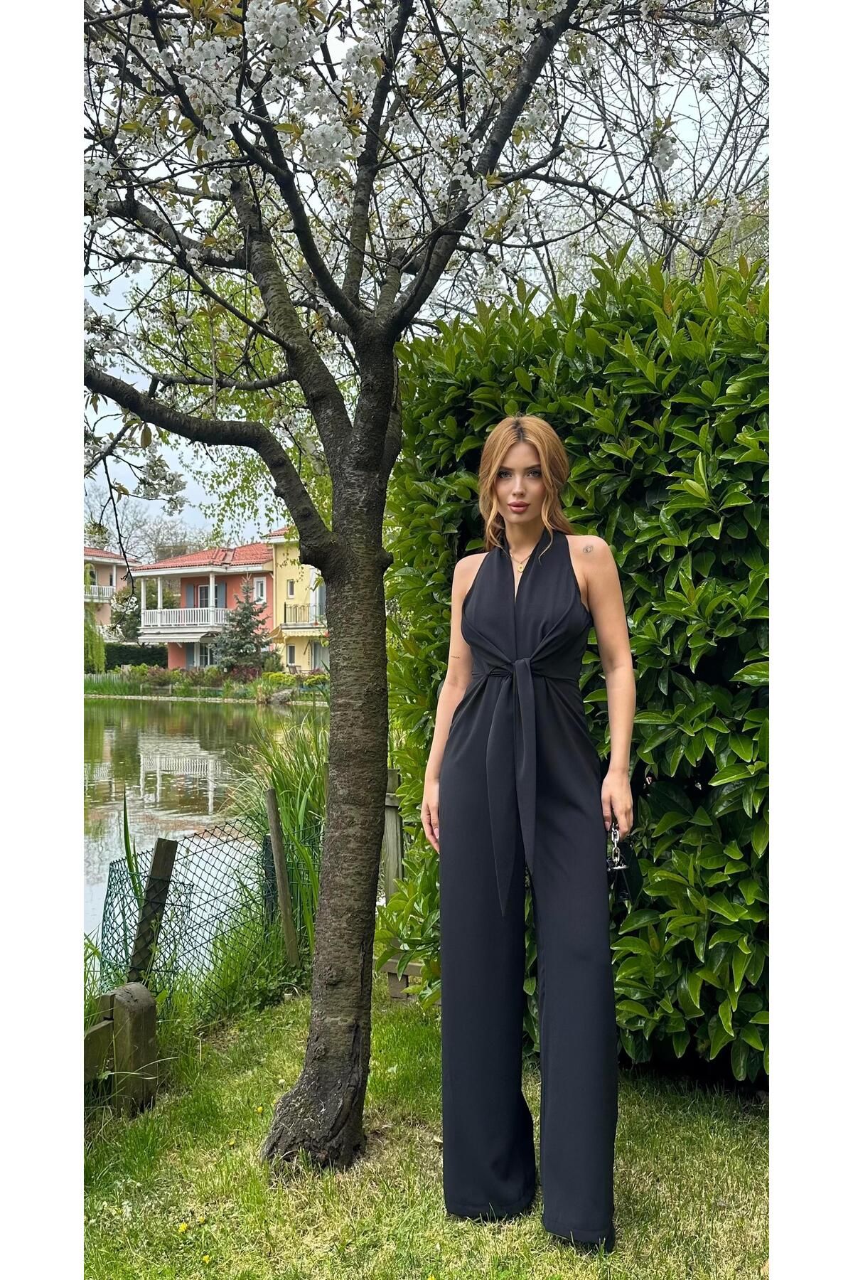 Angel Mia Drape Bağcıklı Tulum Siyah