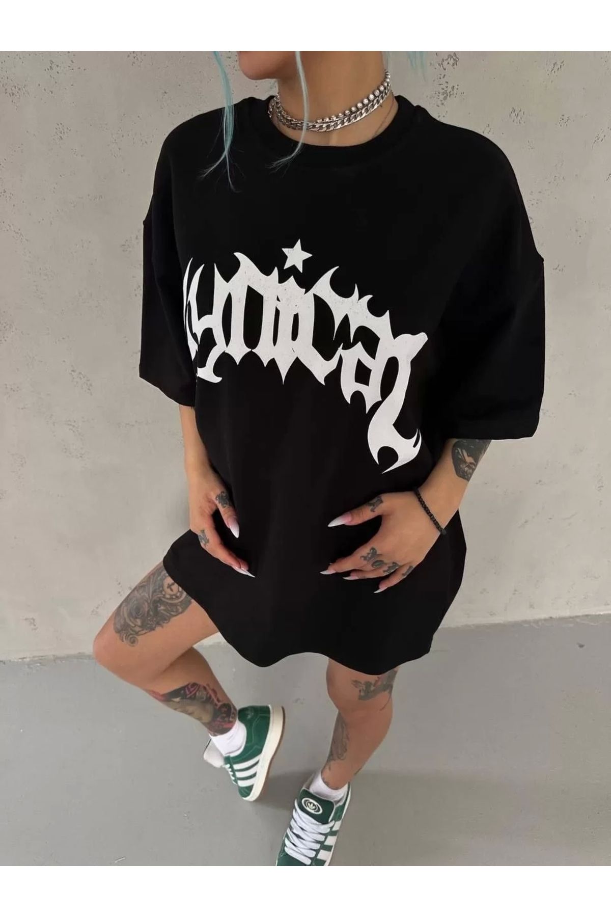 CVS Unisex Bisiklet Yaka Baskılı Oversize T-Shirt - Siyah