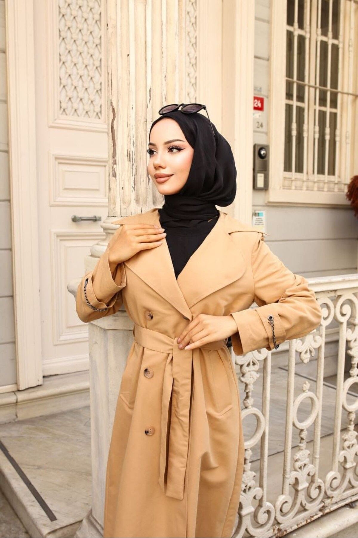 GLR&GYM KAMİLE KADIN KOTON KUMAŞ KEMERLİ DÜĞMELİ TRENÇKOT