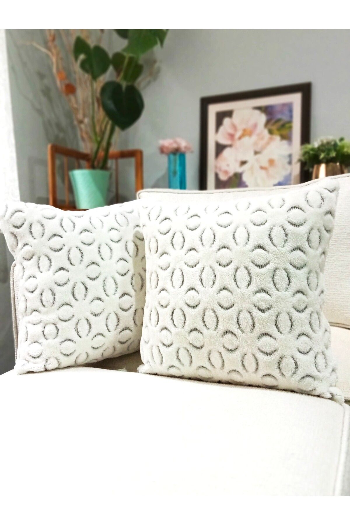 Gatta Teddy Peluş Çiçek Yastık Kılıfı 2'li Set 45x45 cm Dekoratif Kırlent Papatya Desenli Yumuşak