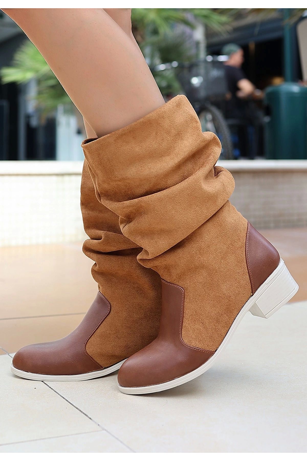 Shop58 Jolin Taba Cilt Süet Detaylı Çizme
