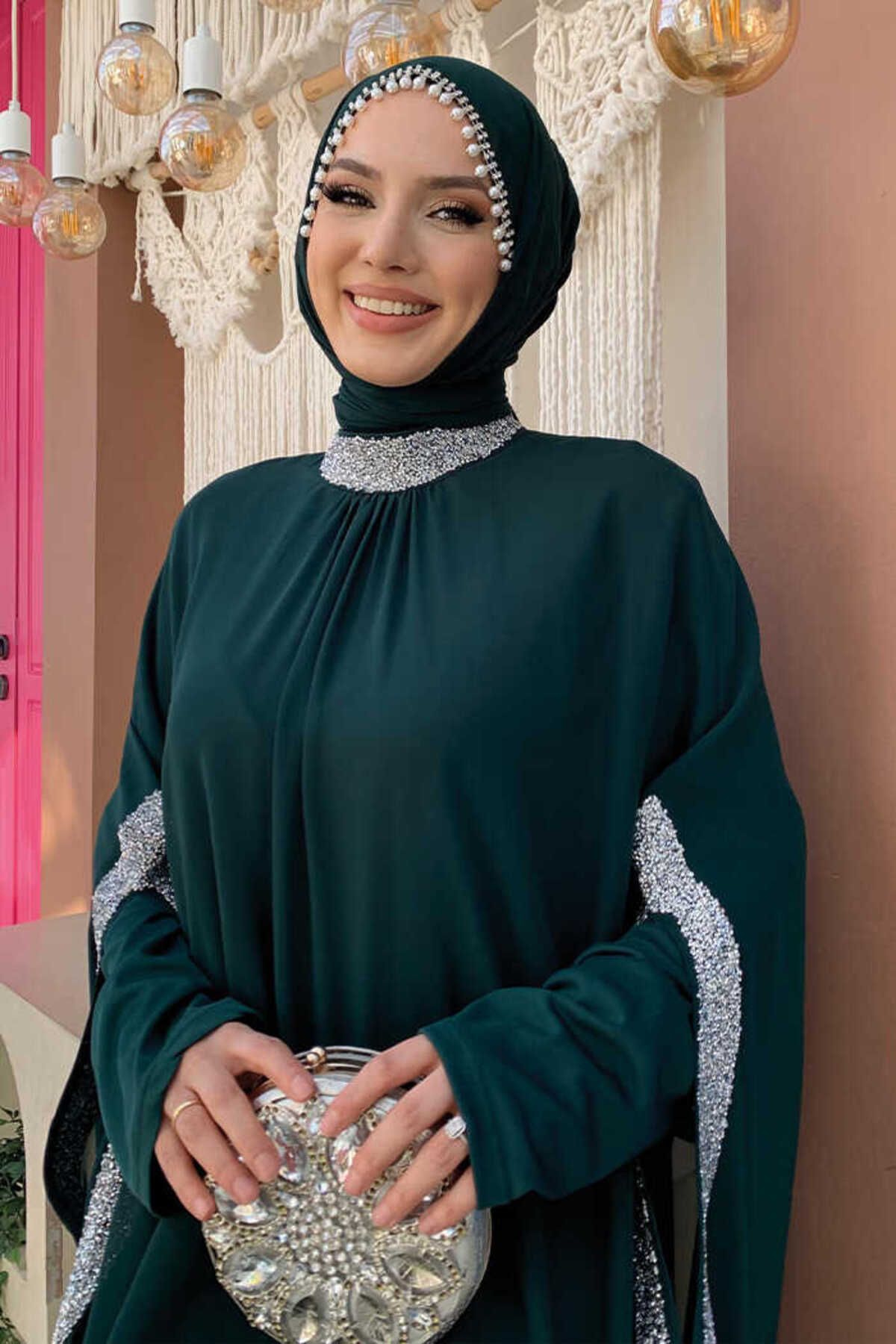 Bym Fashion-Stone Processing Detailed Dress Cape Suit 3875 Emerald 4