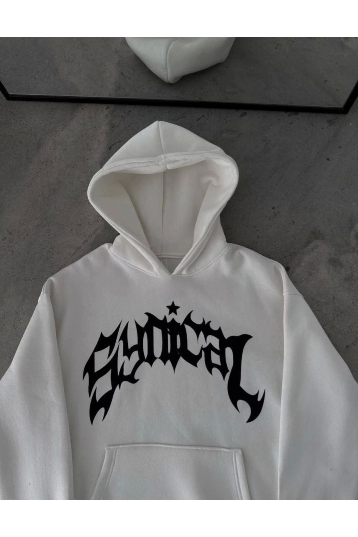 nedo7 Üç İplik Kapşonlu Baskılı Oversize SweatShirt- Beyaz