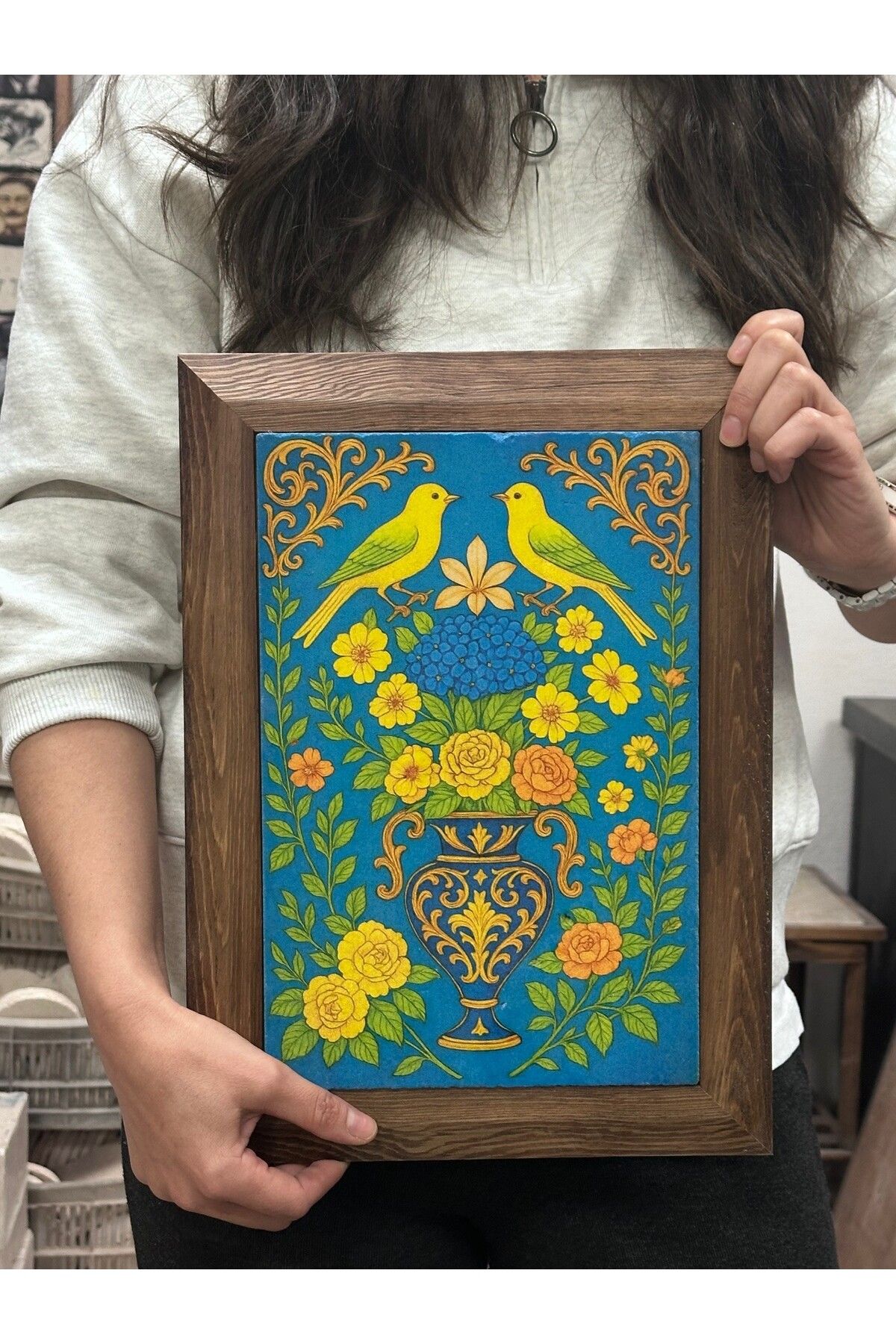 Oscar Stone Decor Masif Çerçeveli Renkli Kuş Doğa Taş Tablo-Wall Decor-Duvar Dekoru Pano Oscar Stone Decor 28X38 Cm