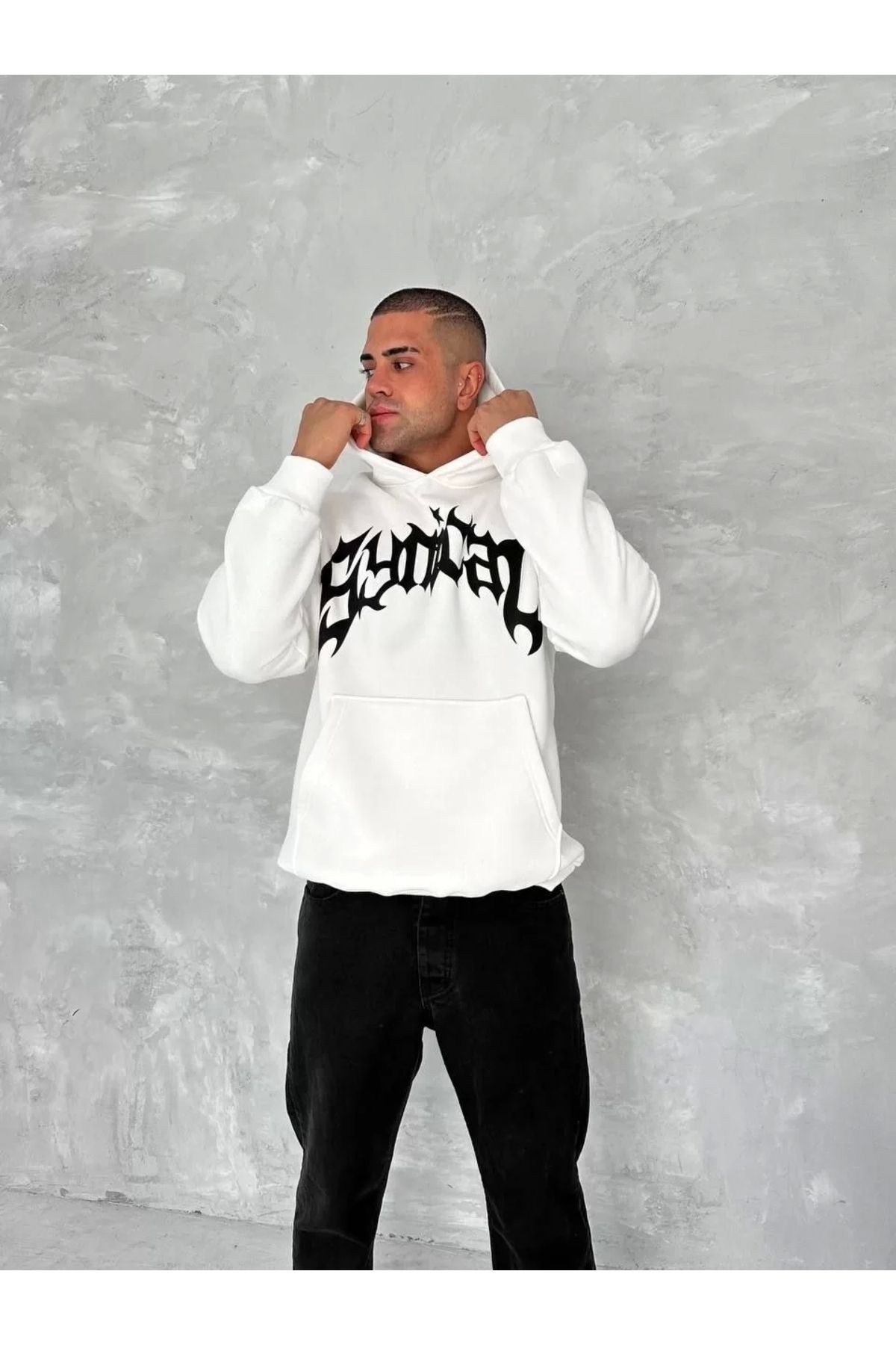 CVS Unisex Üç İplik Kapüşonlu Baskılı SweatShirt - Beyaz