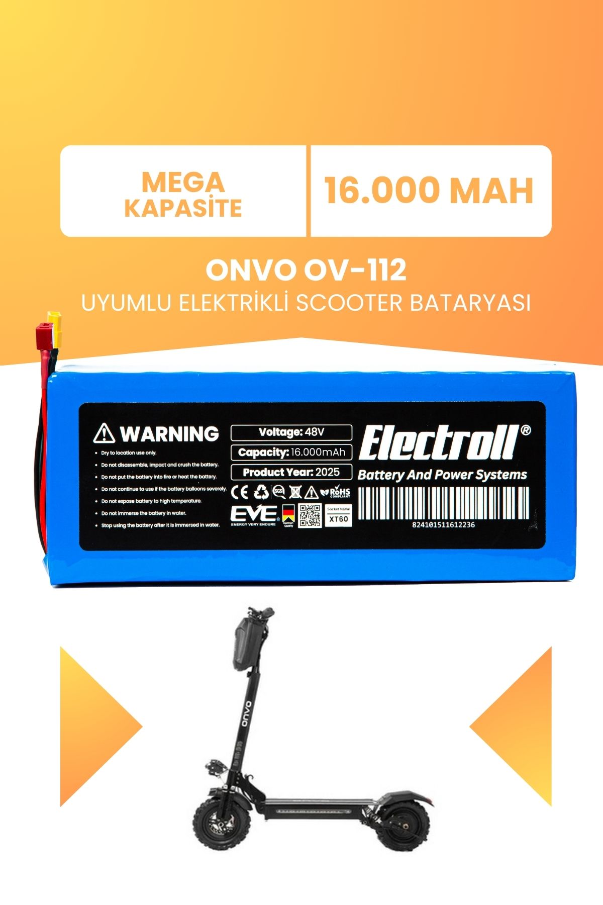 ELECTROLL ONVO OV-112 (Mega Kapasite) Batarya 48v 16ah Pil Elektrikli Scooter Bataryası