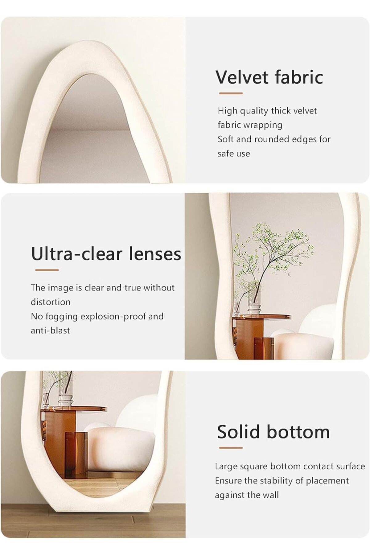 مرآة أرضية بطول كامل، مرآة حائط مع حامل وإطار من قماش مخملي ناعم، بيج 160×60 سم