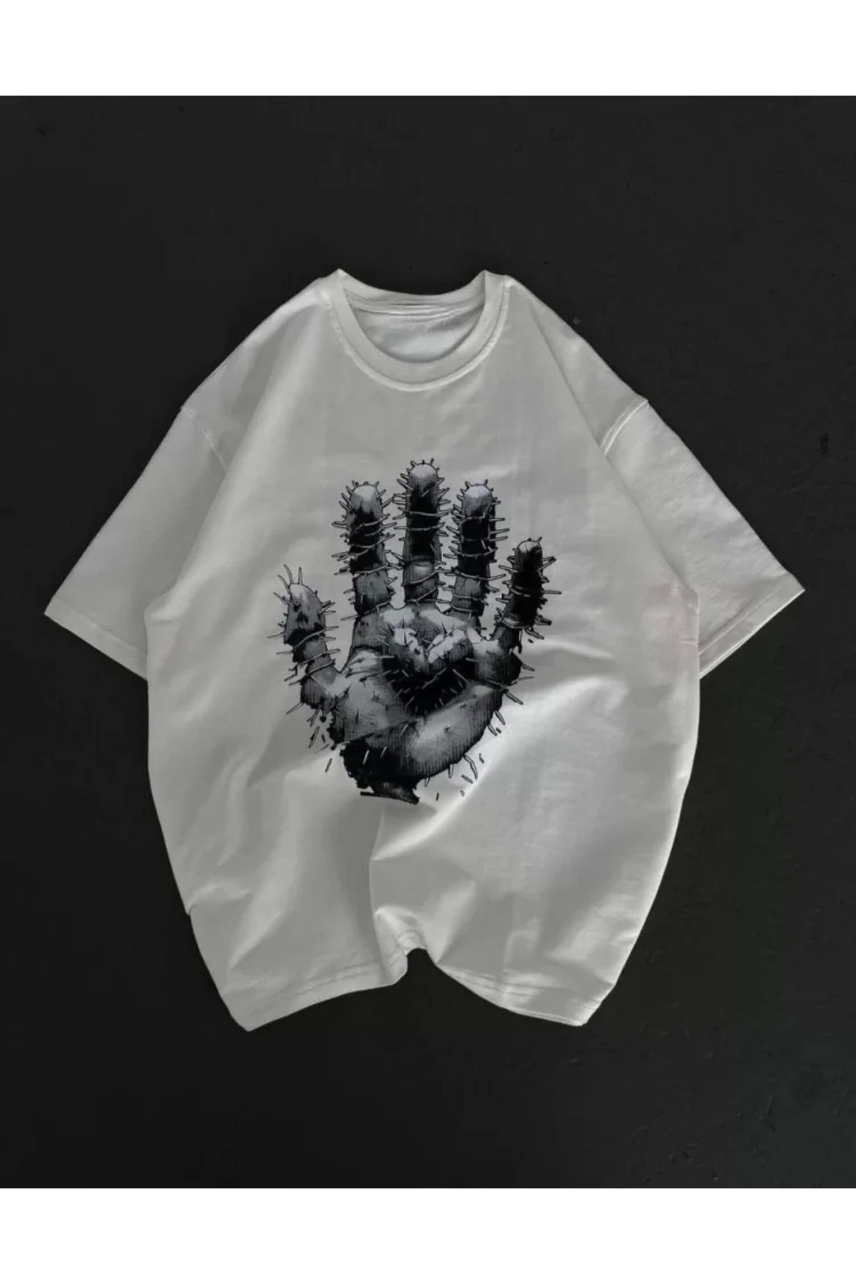 nedo7 Unisex Bisiklet Yaka Baskılı Oversize T-Shirt - Beyaz