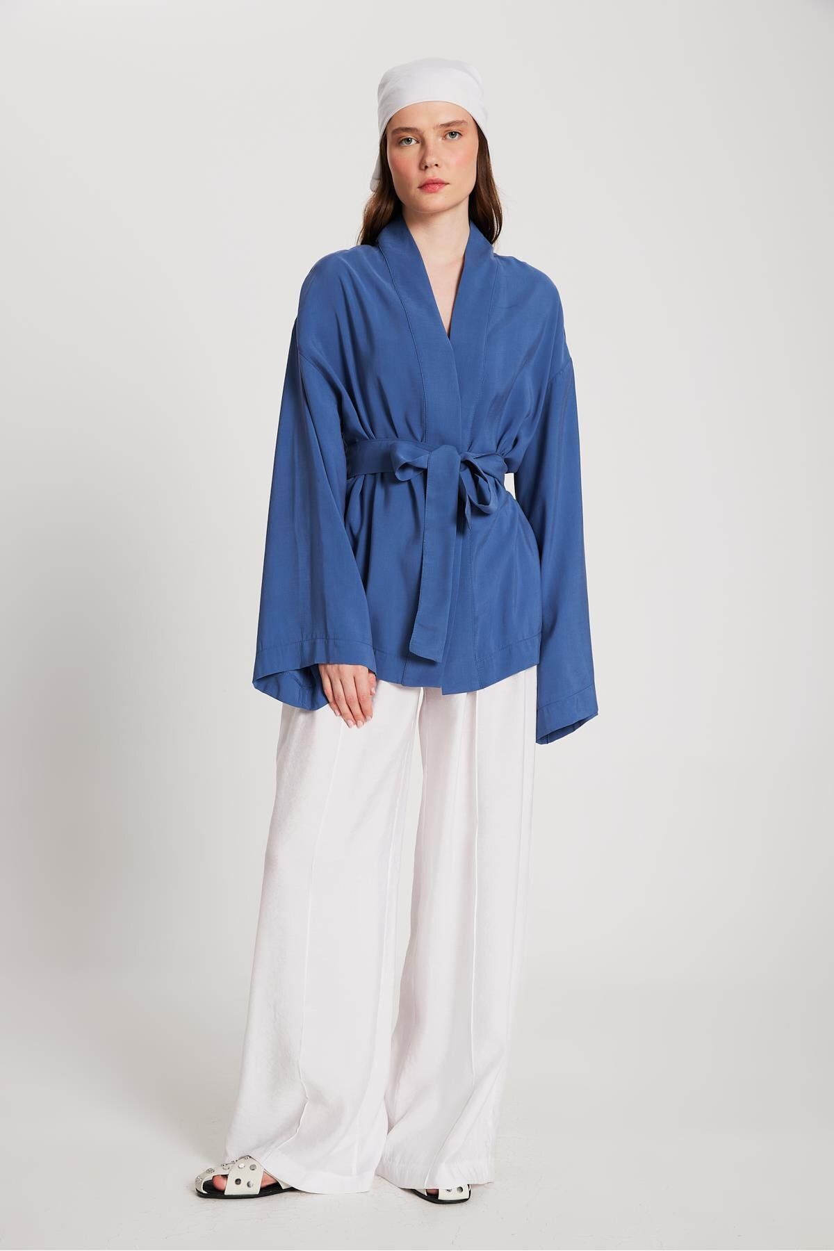 minaaise Kadın İndigo Oversize %100 Modal Bağlamalı Kimono Ceket 29146