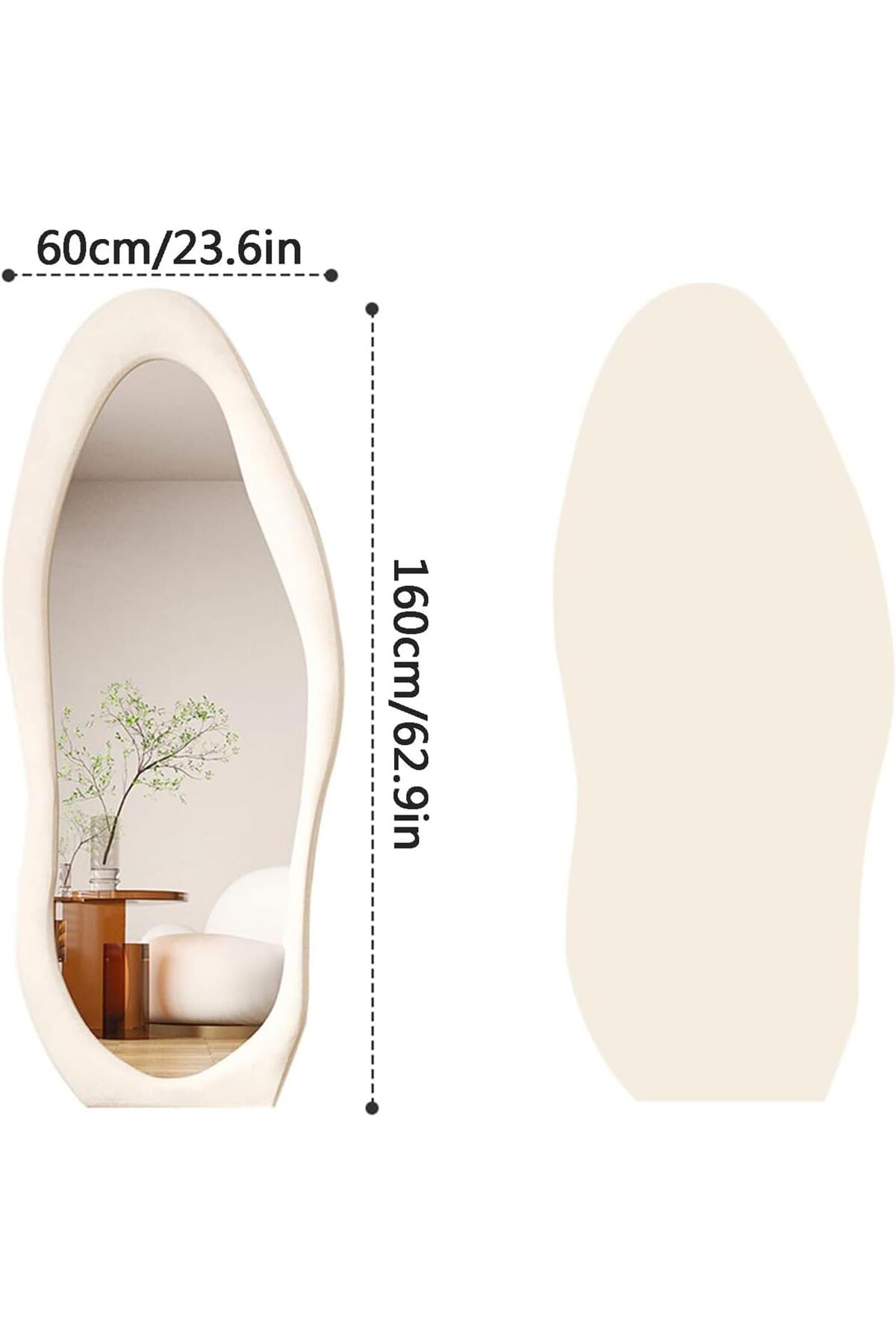مرآة أرضية بطول كامل، مرآة حائط مع حامل وإطار من قماش مخملي ناعم، بيج 160×60 سم