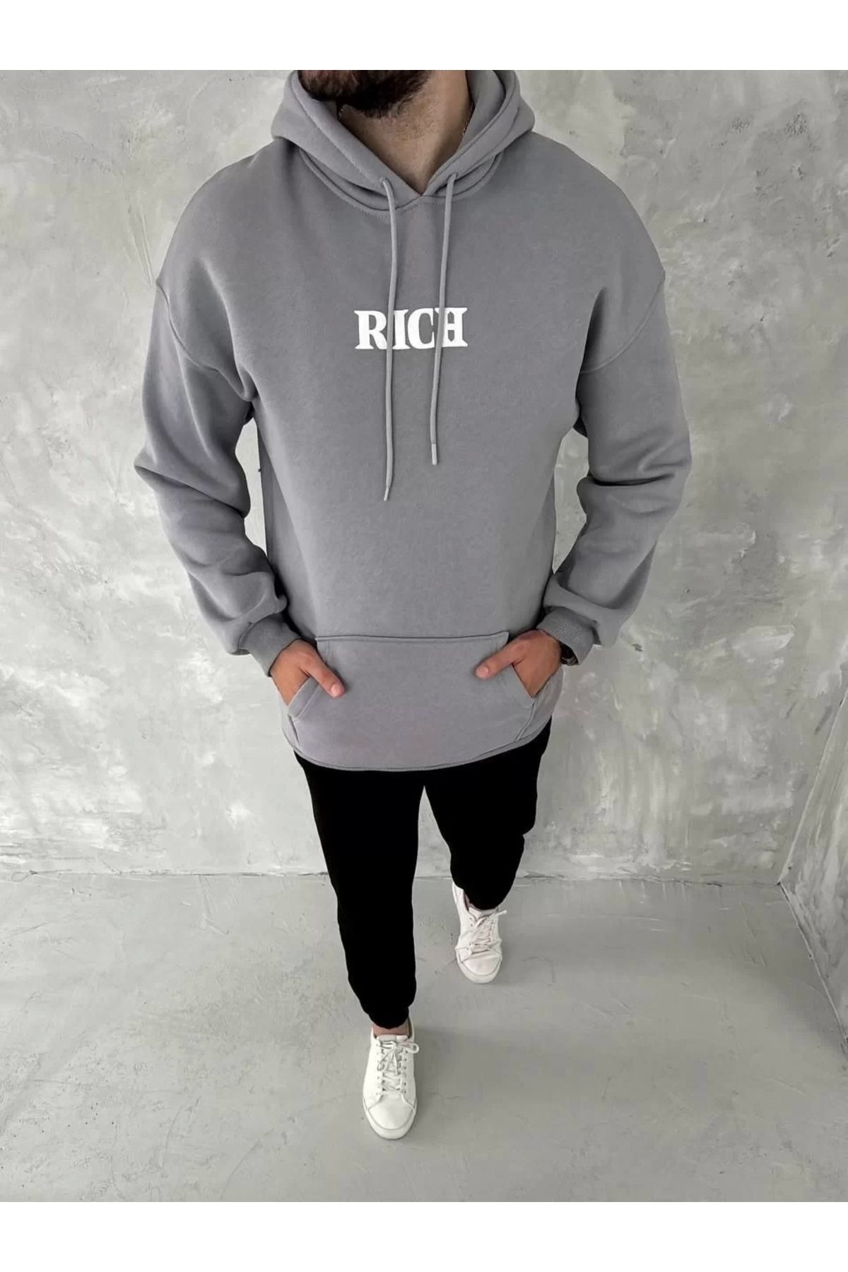CVS Uzun Kol Kapüşonlu Göğüs Baskılı SweatShirt - Gri