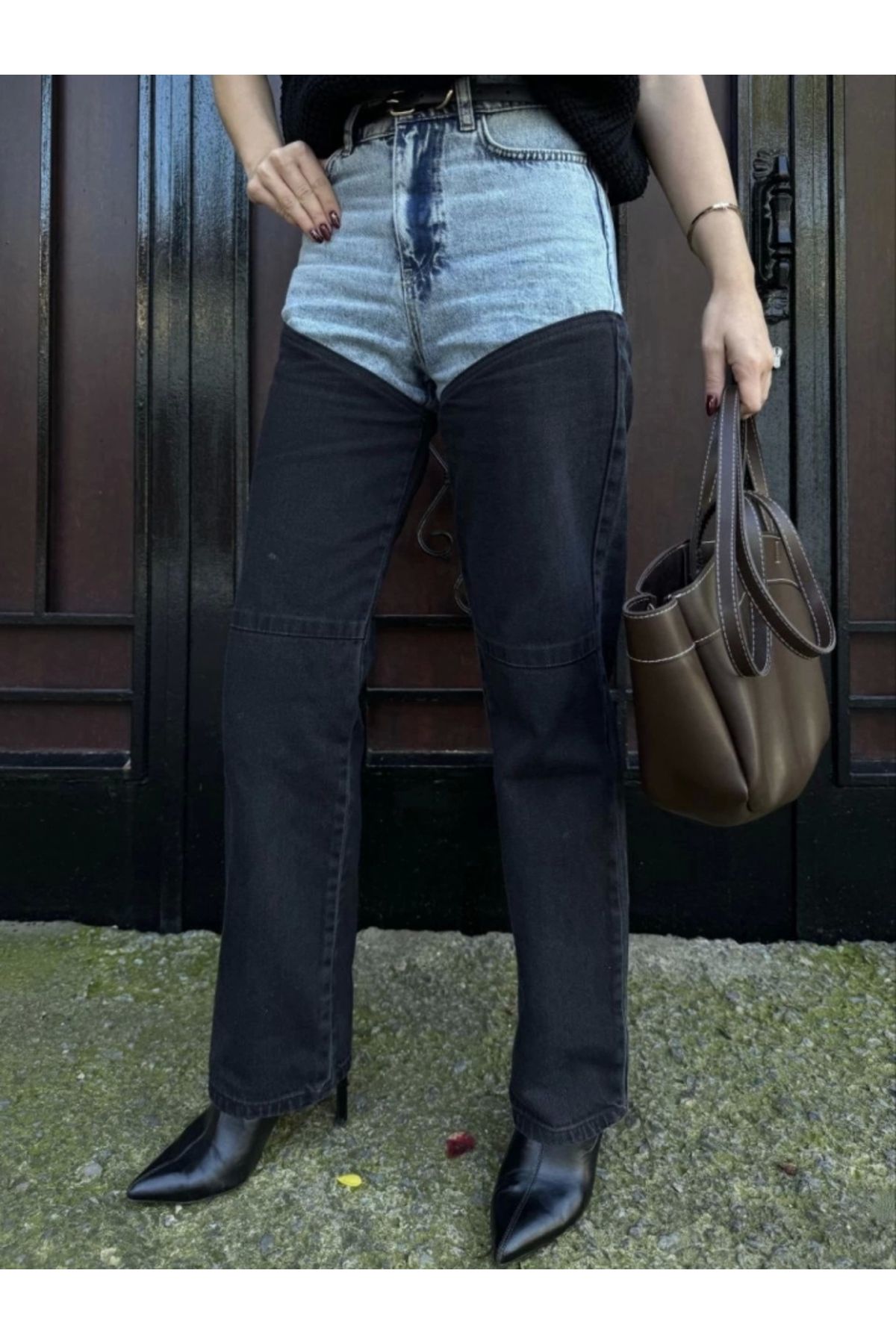 nedo7 Jeans Kot Parçalı Palazzo Pantolon - Siyah