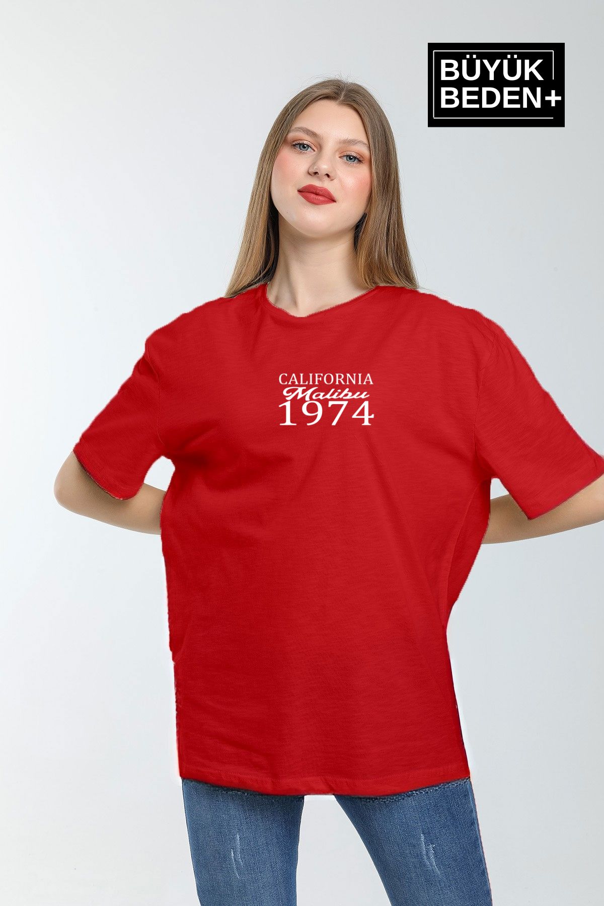 Superlife Süperlife Kadın Büyük Beden California 1974 Baskılı Bisiklet Yaka Tshırt SPR25BTSK06