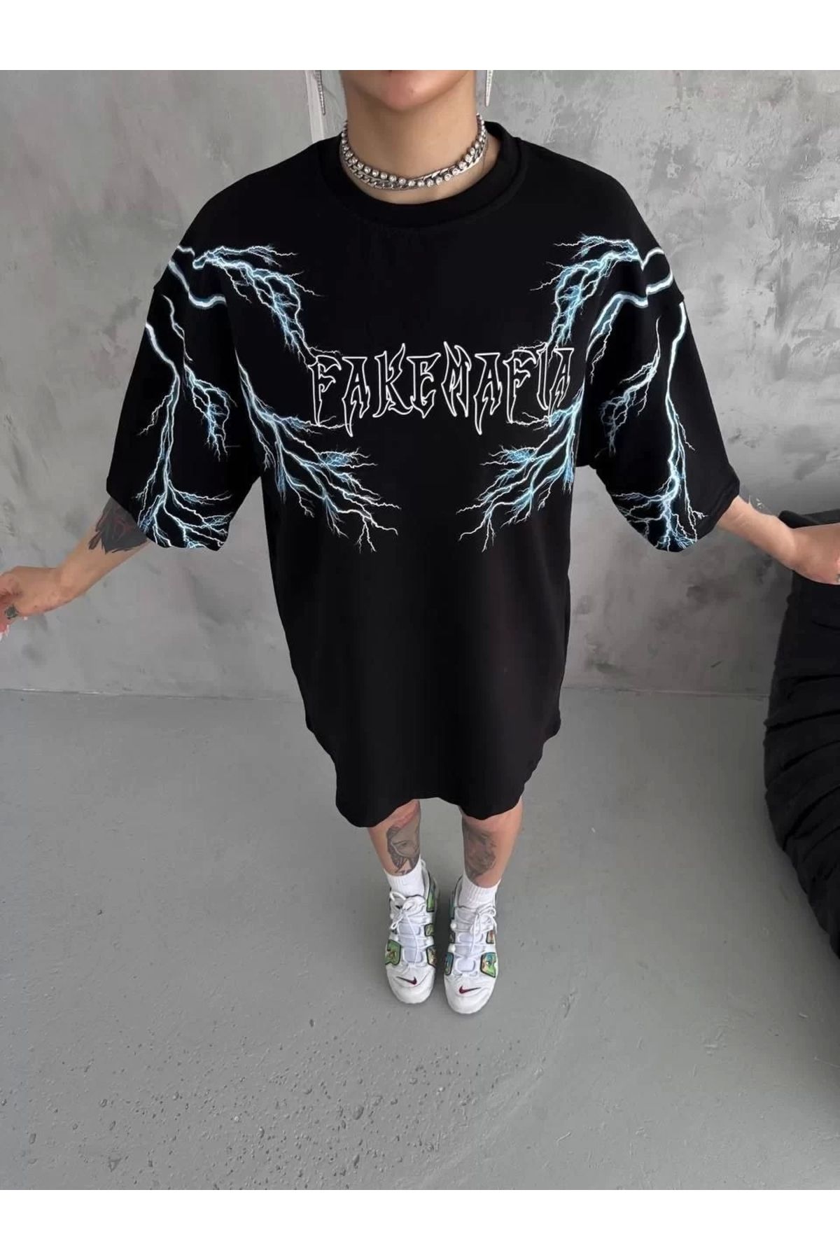 CVS Unisex Bisiklet Yaka Baskılı Oversize T-Shirt - Siyah