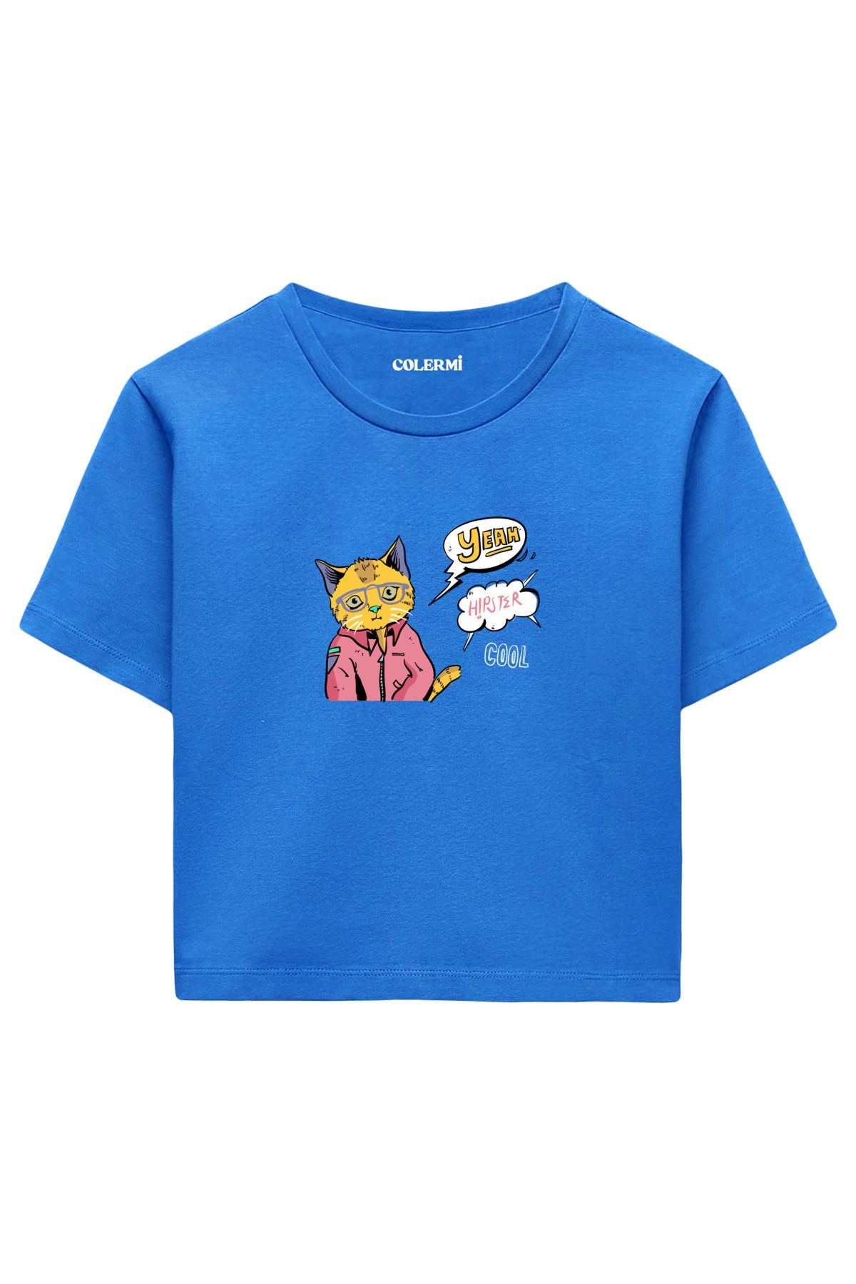 Colermi Hipster Kedi Baskılı %100 Pamuk Kadın Crop Tshirt