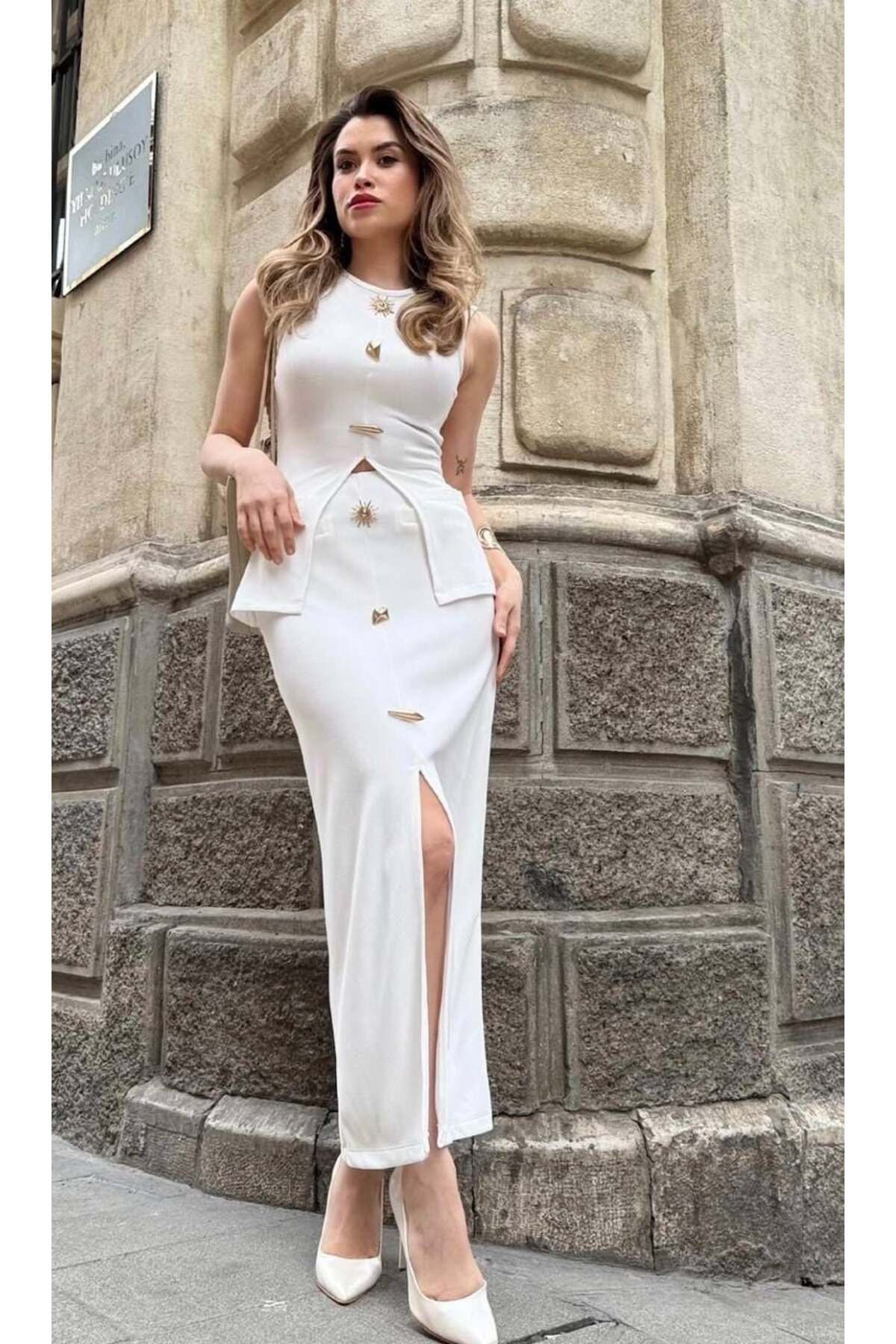 PEUR COLLECTION Triko Gold Düğmeli Etek-BEYAZ - S