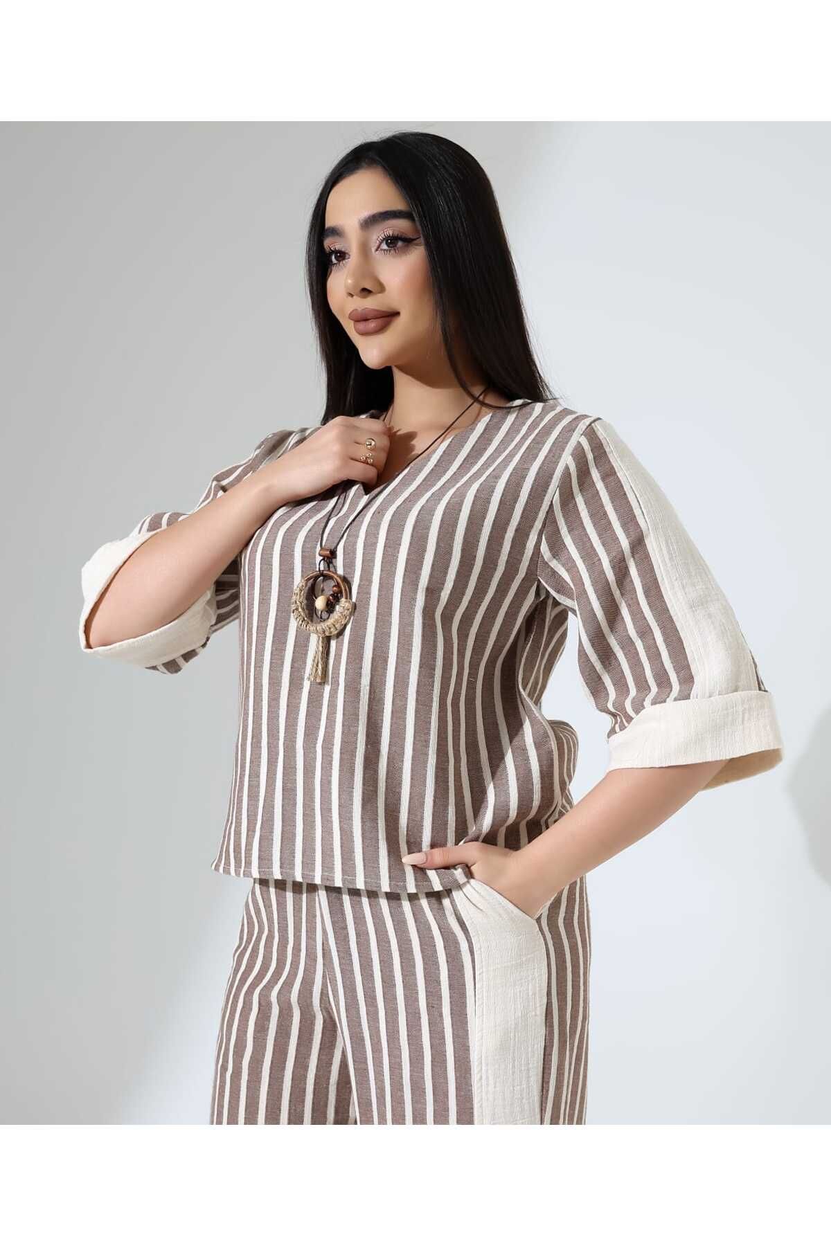 MODAGK Ham Keten Bohem Bluz Pantolon Takım