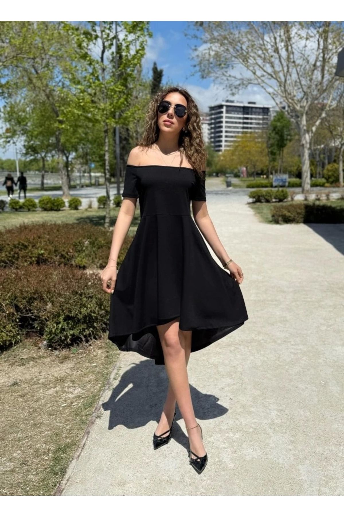Butik Kadın Kısa Kollu Madonna Yaka önü Kısa Arkası Uzun Ithal Krep Elbise