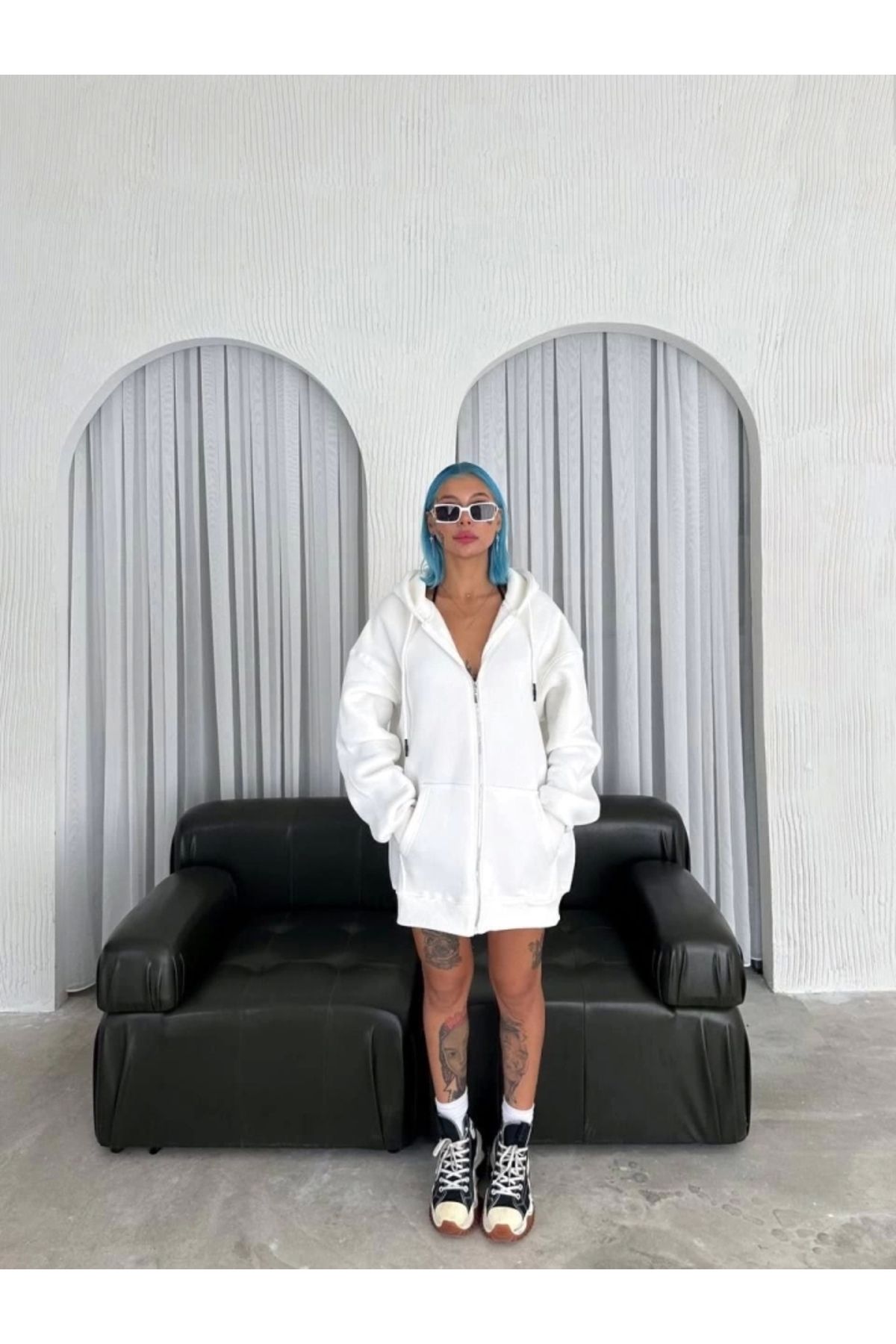 nedo7 Oversize Tam Fermuarlı Uzun Kol Hırka - Beyaz