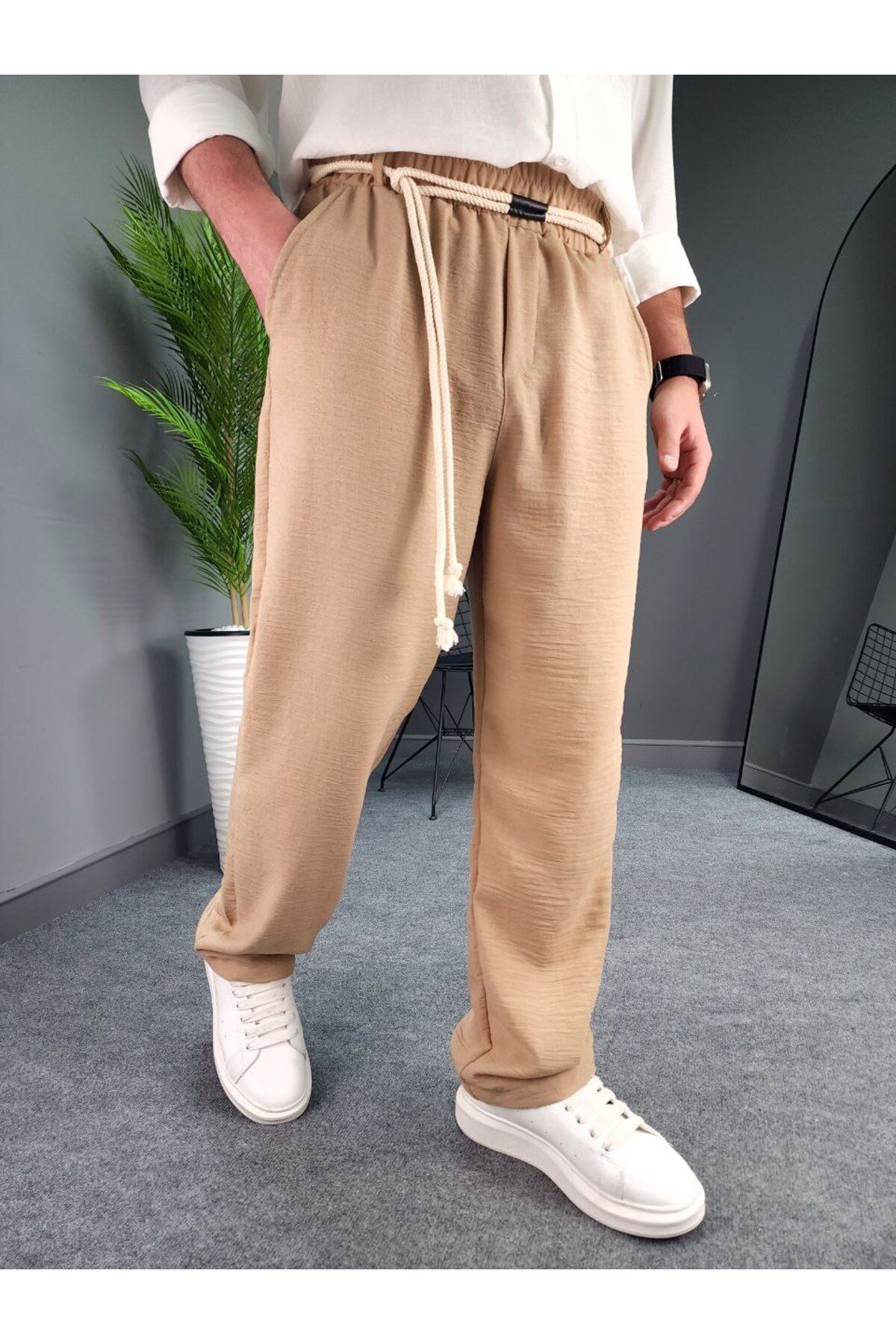 Castivo Fashion Bağcıklı Lastik Bel Rahat Kesim Erkek Yazlık Keten Görünümlü Pantolon