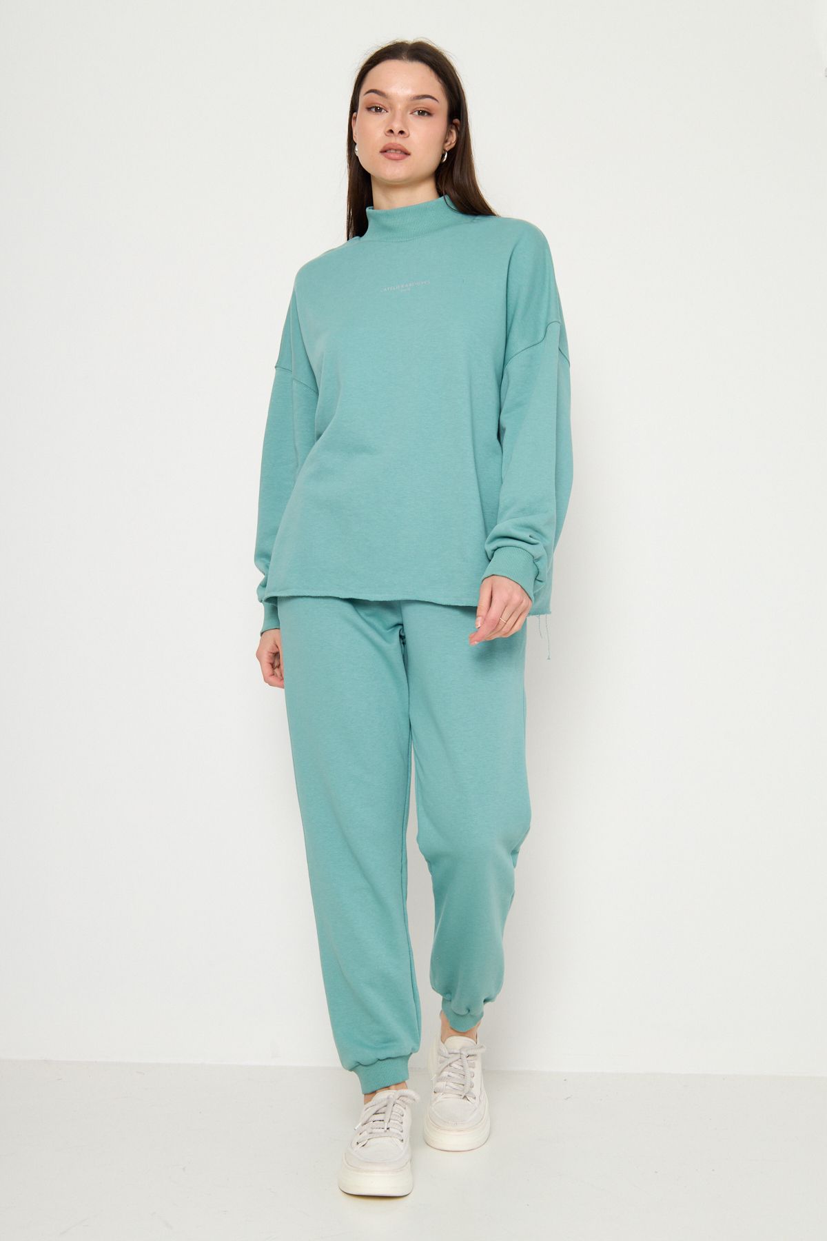 MODA Yeşil Atelier Baskılı Yarım Balıkçı Sweatshirt-Eşofman Kadın Eşofman