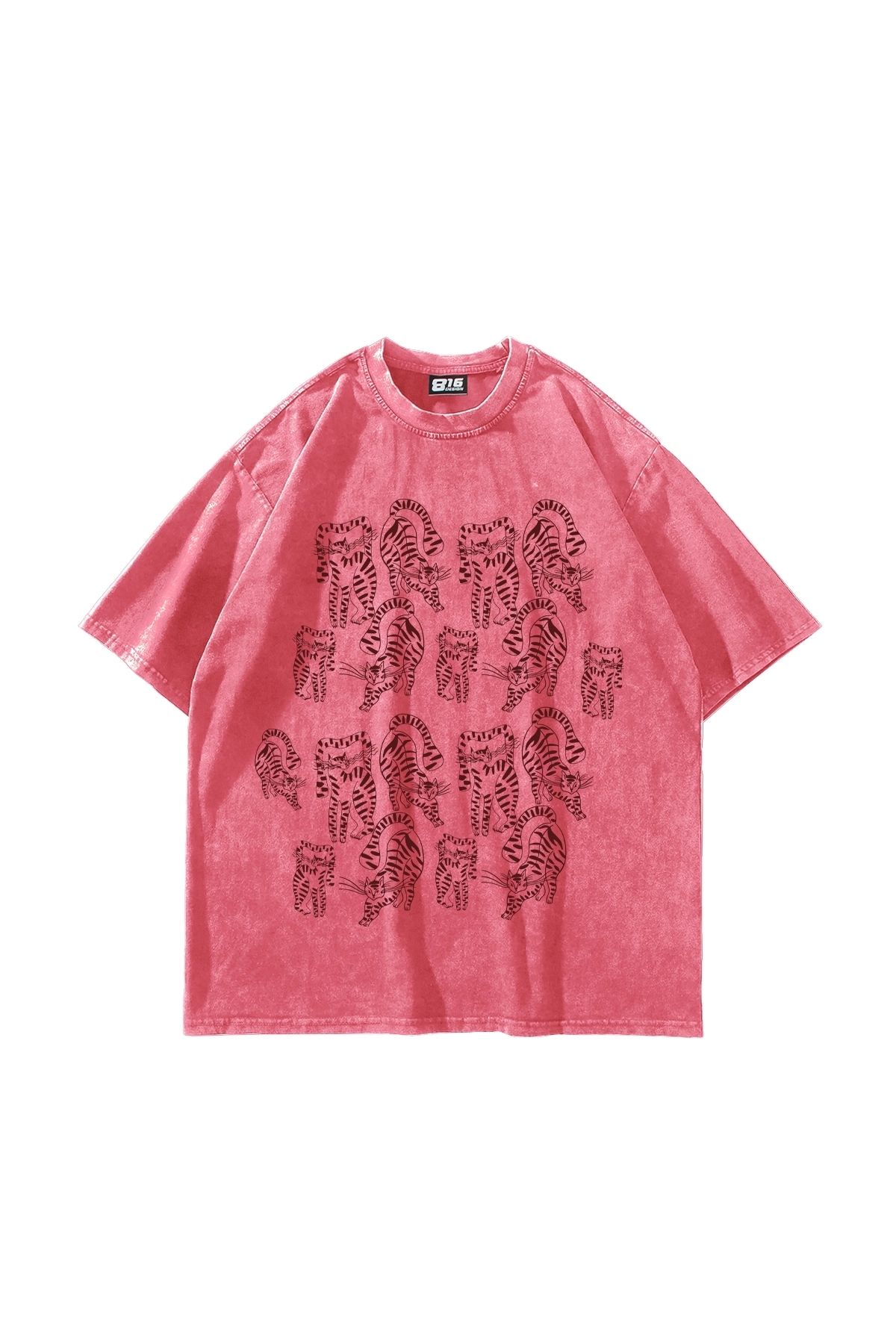 Sekizbiraltı Cats Line V2 Baskılı Oversize Unisex Yıkamalı Pembe Tshirt